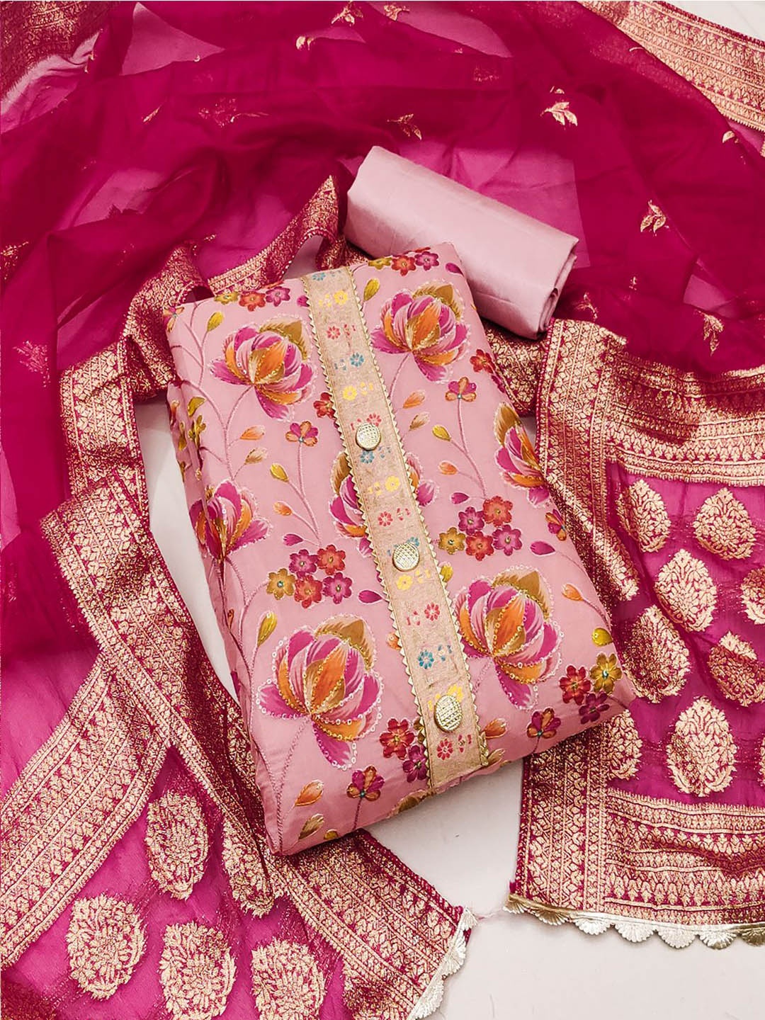 

Lilots Floral Printed Gotta Patti Organza Unstitched Dress Material, Pink