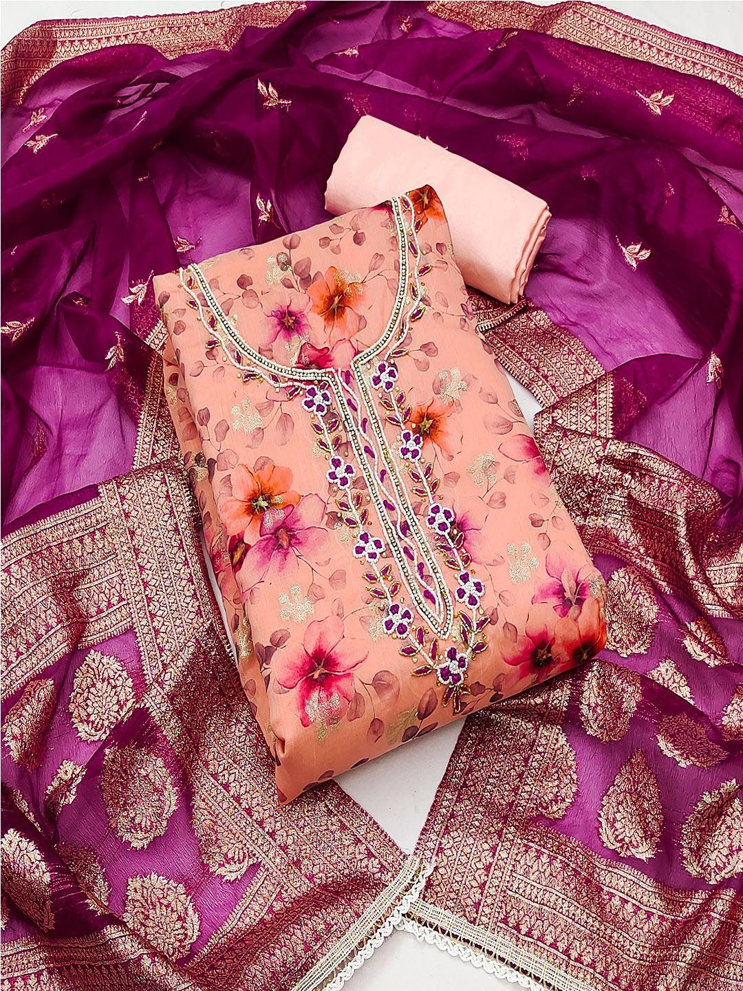 

Lilots Floral Digital Printed Beads and Stones Organza Silk Unstitched Dress Material, Peach