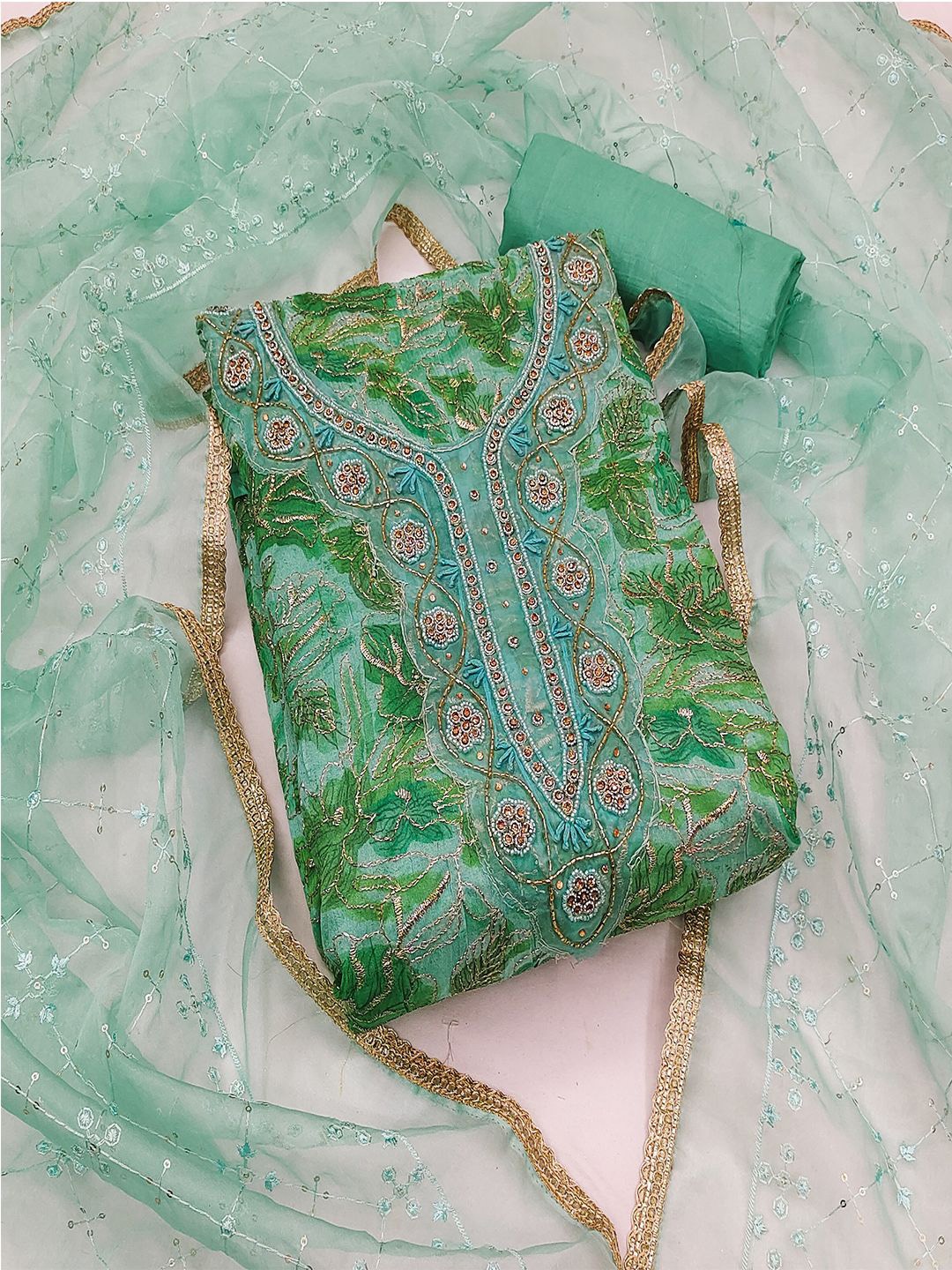 

Lilots Floral Printed Organza Unstitched Dress Material, Green