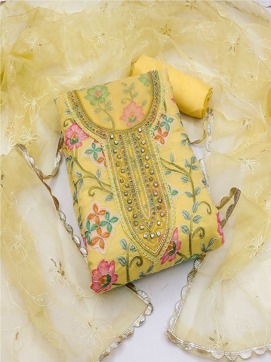 

Lilots Floral Woven Design Organza Unstitched Dress Material, Yellow