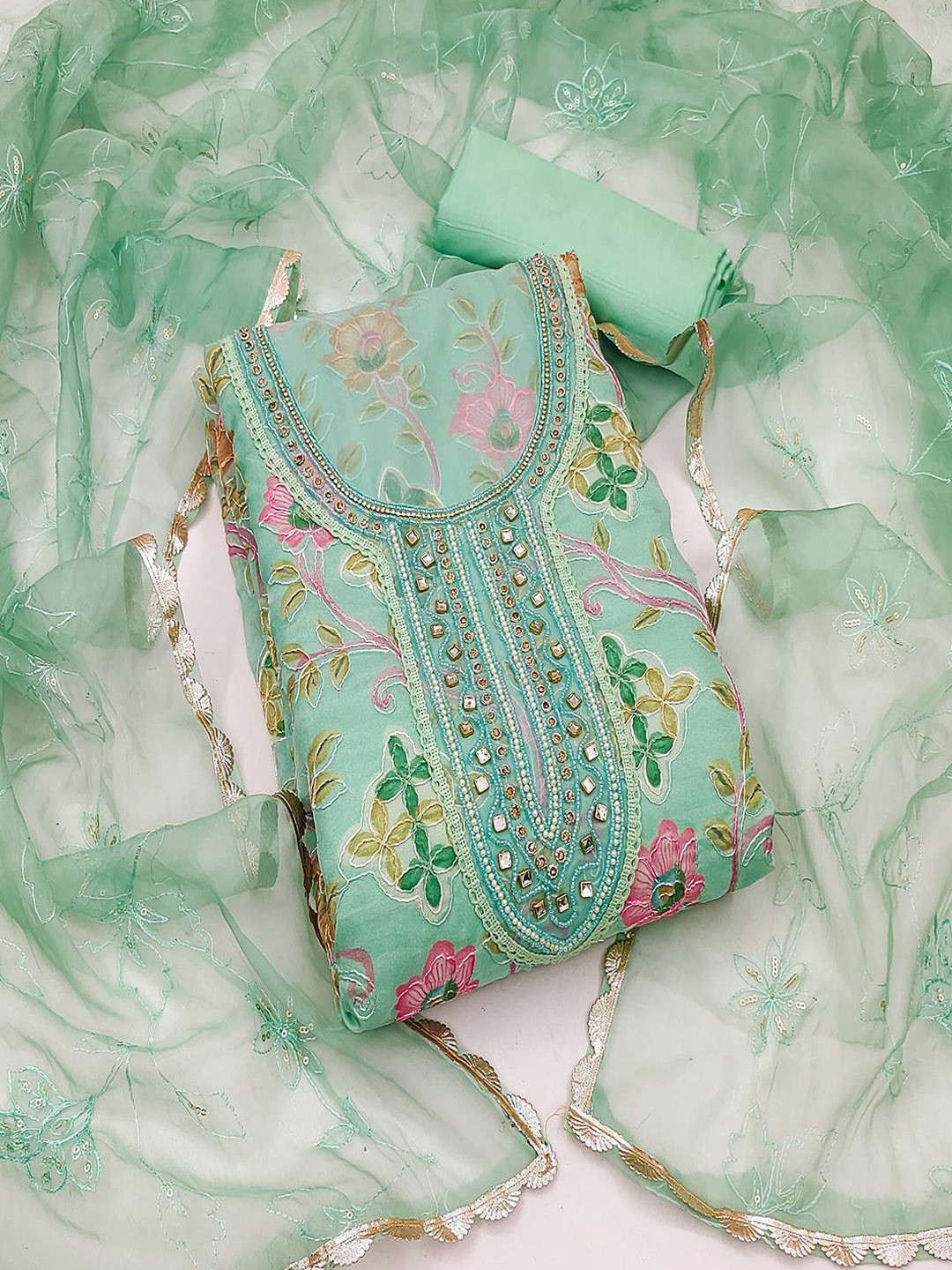 

Lilots Floral Embroidered Beads and Stones Organza Silk Unstitched Dress Material, Lime green