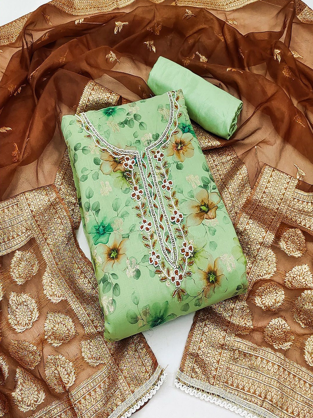 

Lilots Floral Printed Beads & Stone Organza Unstitched Dress Material, Green