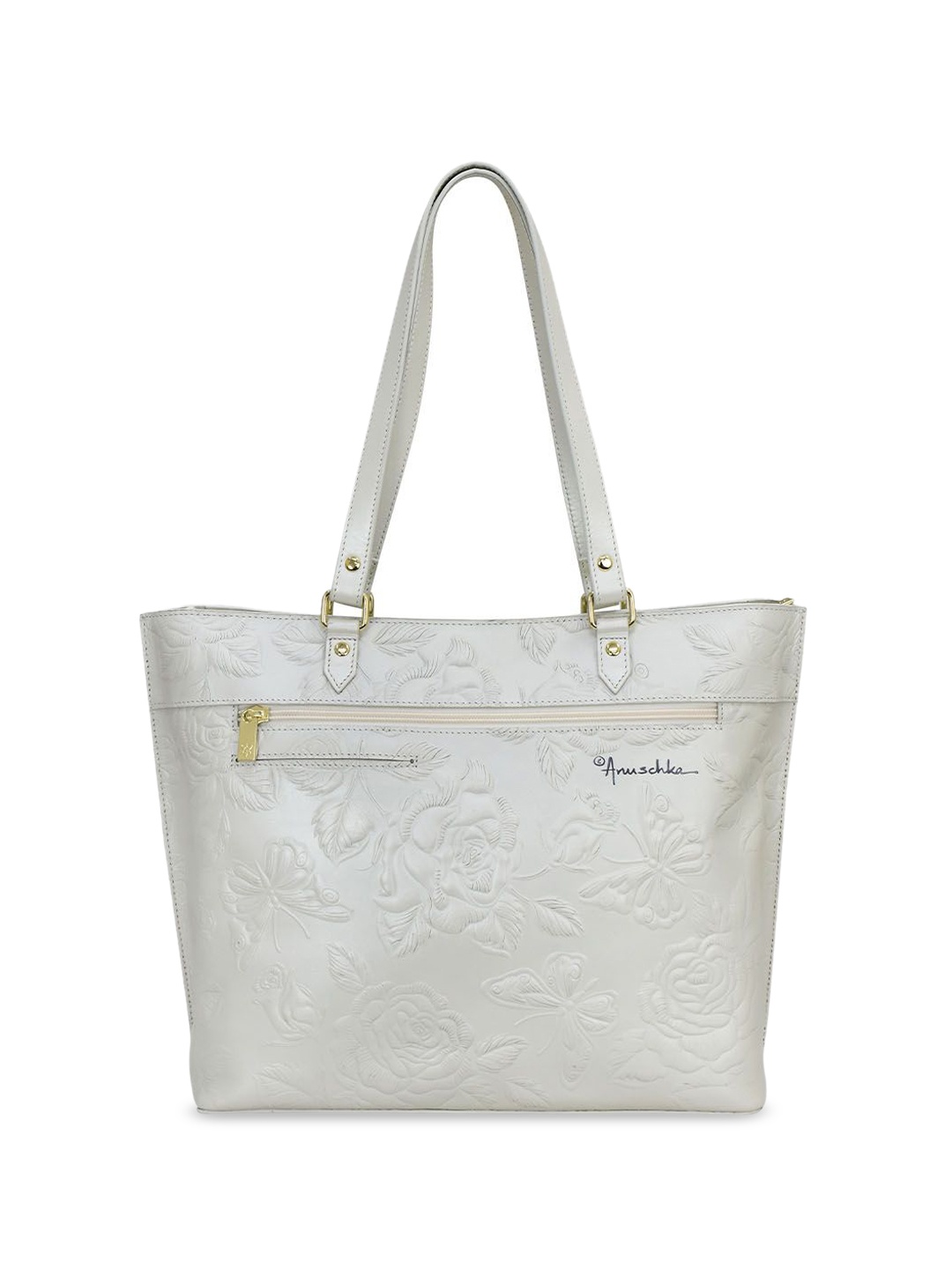 

Anuschka Leather Oversized Shopper Handheld Bag with Cut Work, Off white