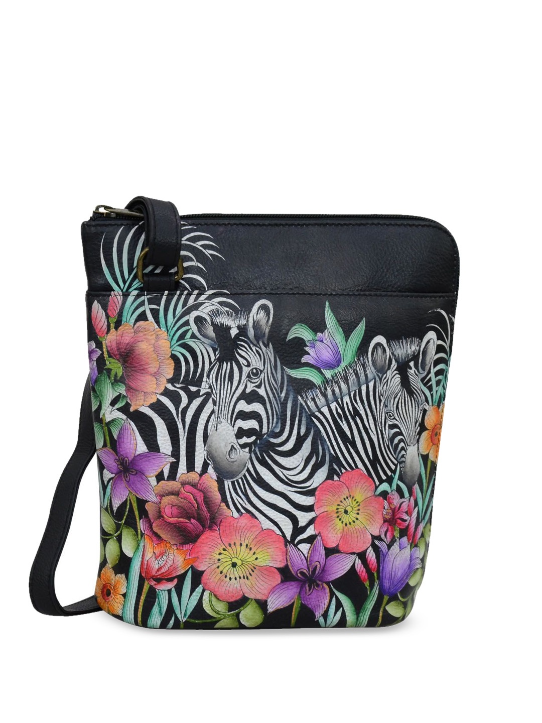 

Anuschka Floral Printed Leather Structured Sling Bag with Tasselled, Black