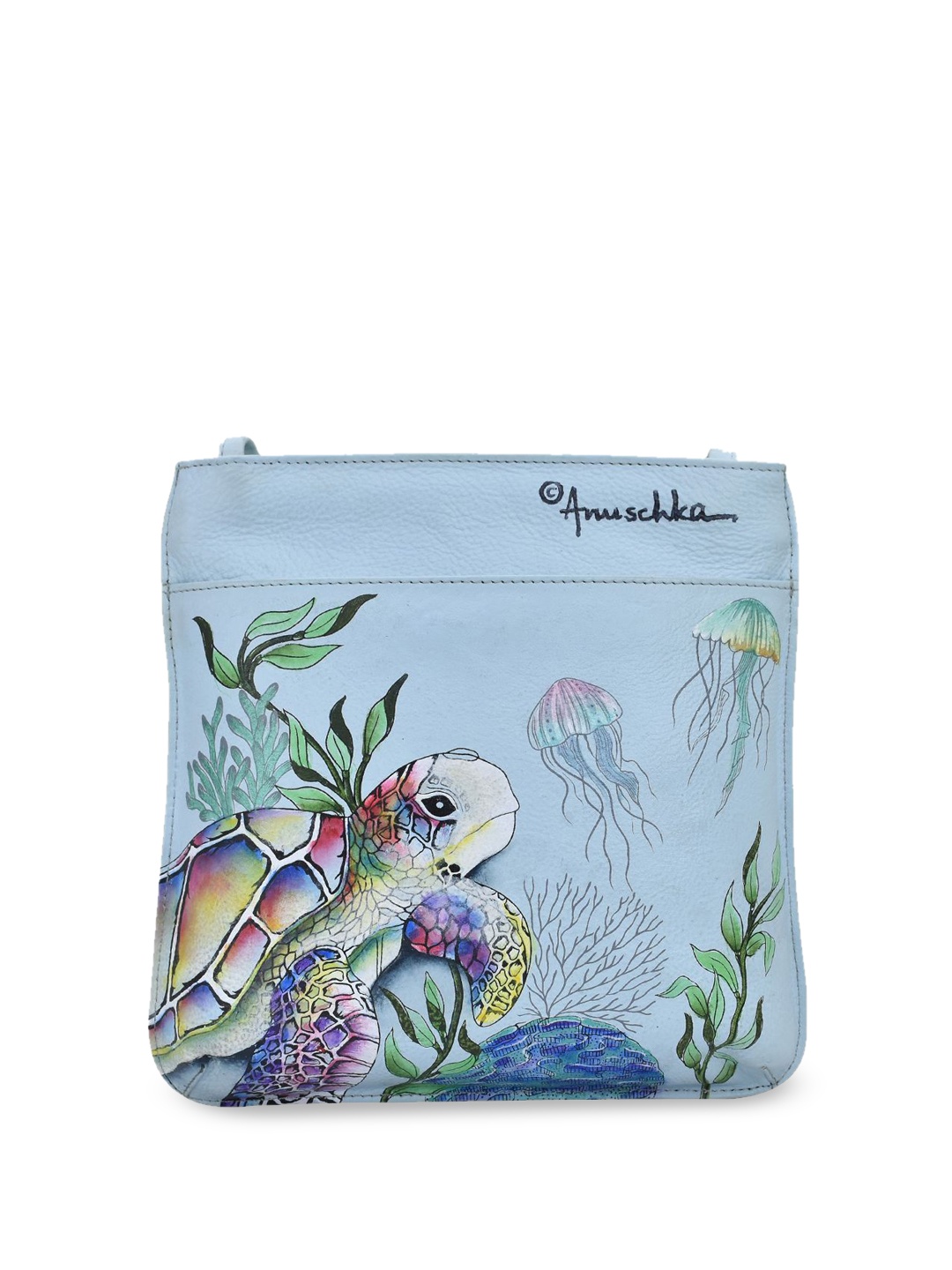 

Anuschka Floral Printed Leather Bucket Sling Bag with Applique, Blue