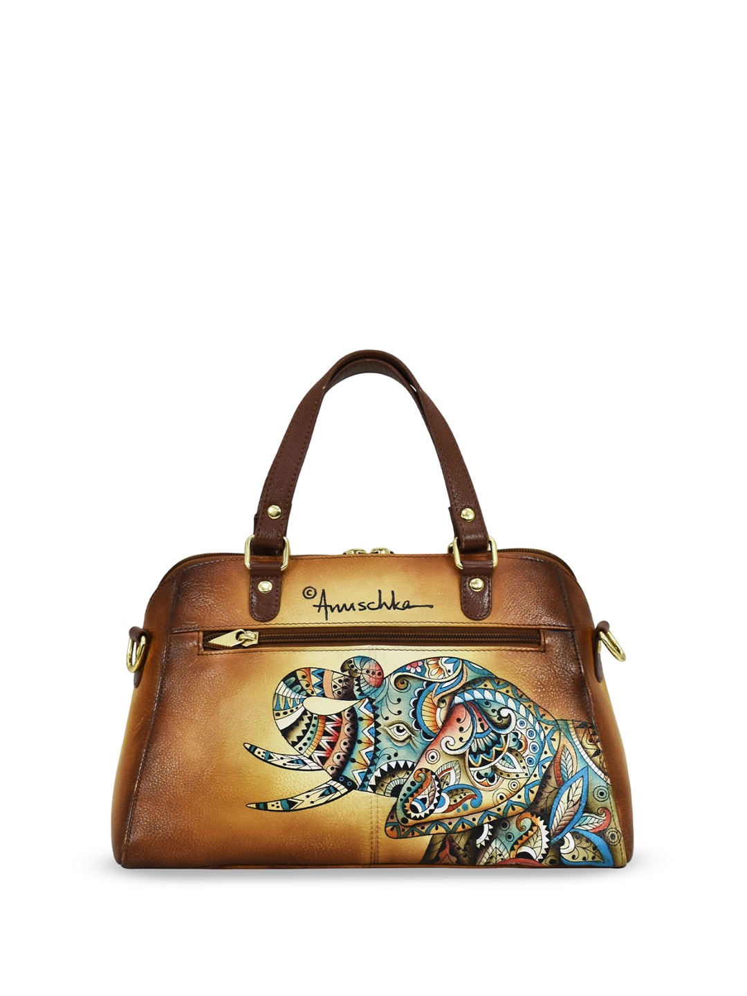 

Anuschka Ethnic Motifs Printed Leather Structured Handheld Bag, Tan