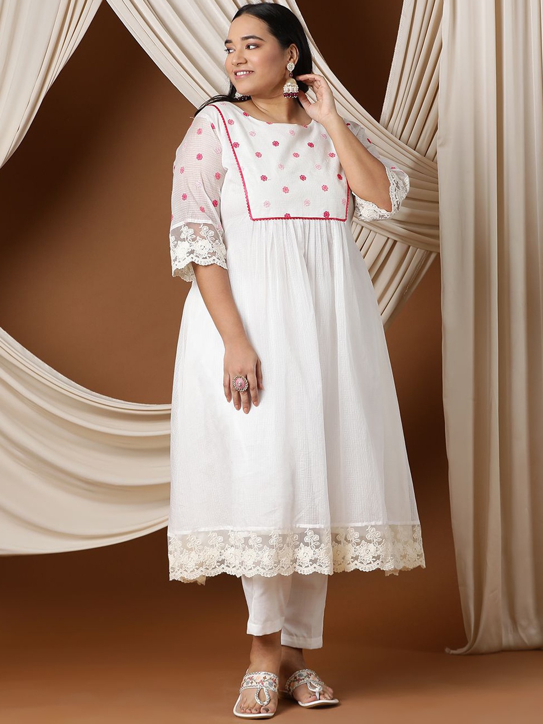 

INDDUS PLUS Floral Embroidered A line Kurta with Trousers, White