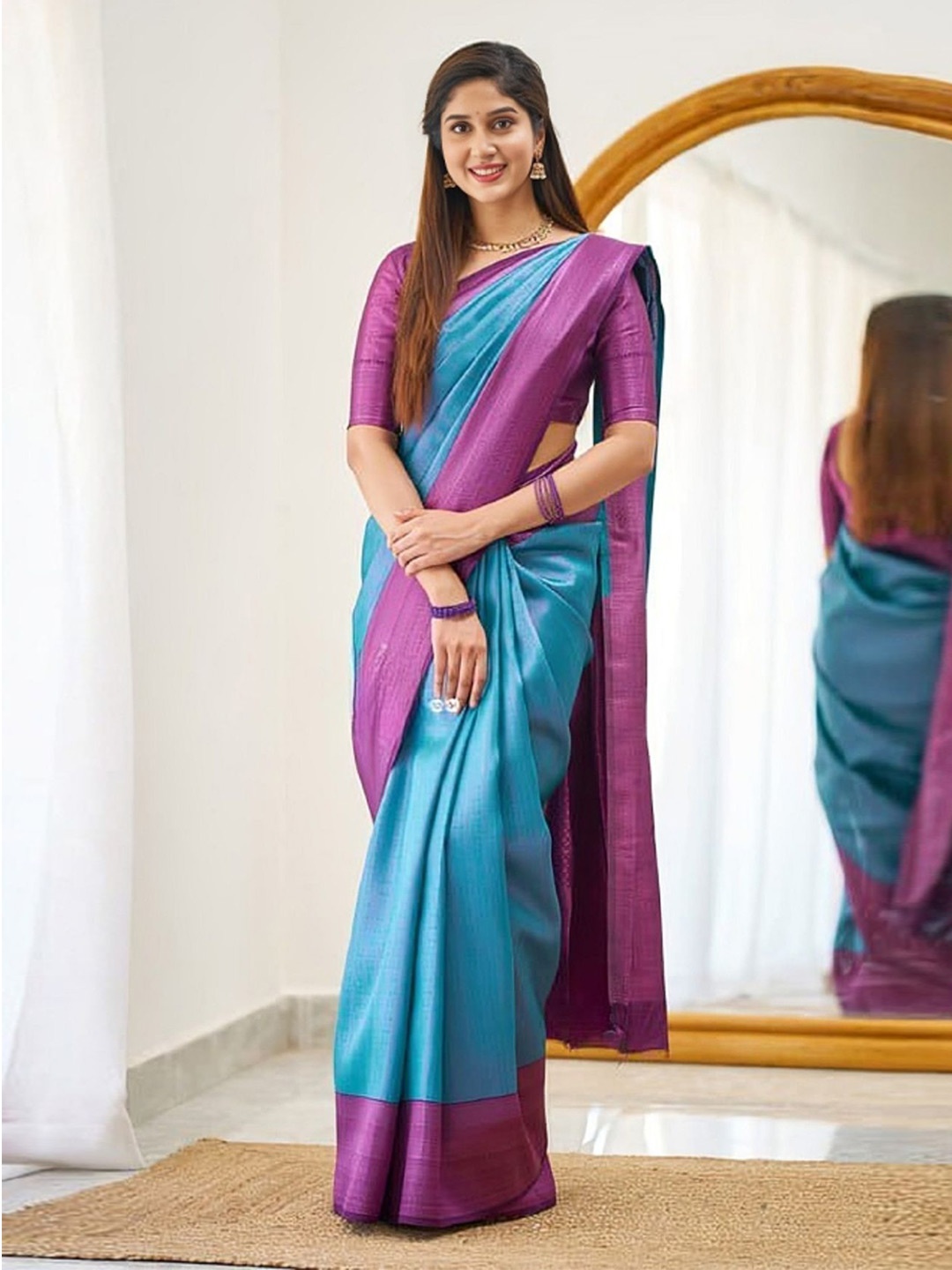 

LADY SHOPI Woven Design Zari Pure Silk Saree, Turquoise blue