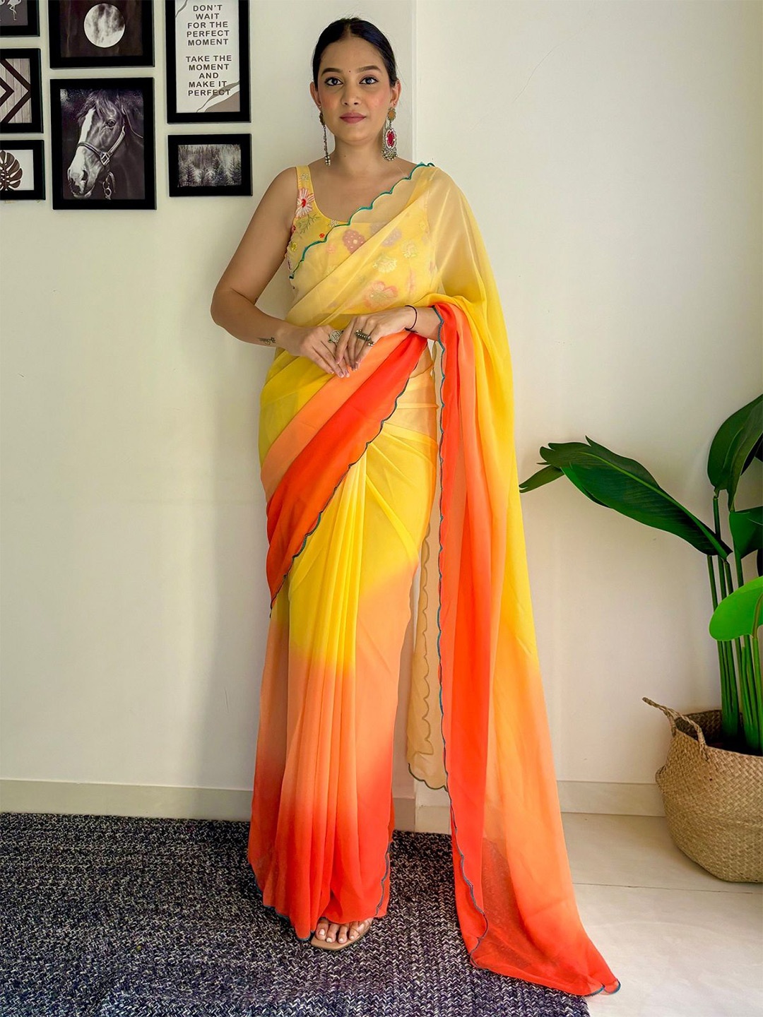 

LADY SHOPI Ombre Embroidered Pure Georgette Half and Half Holi Saree, Orange