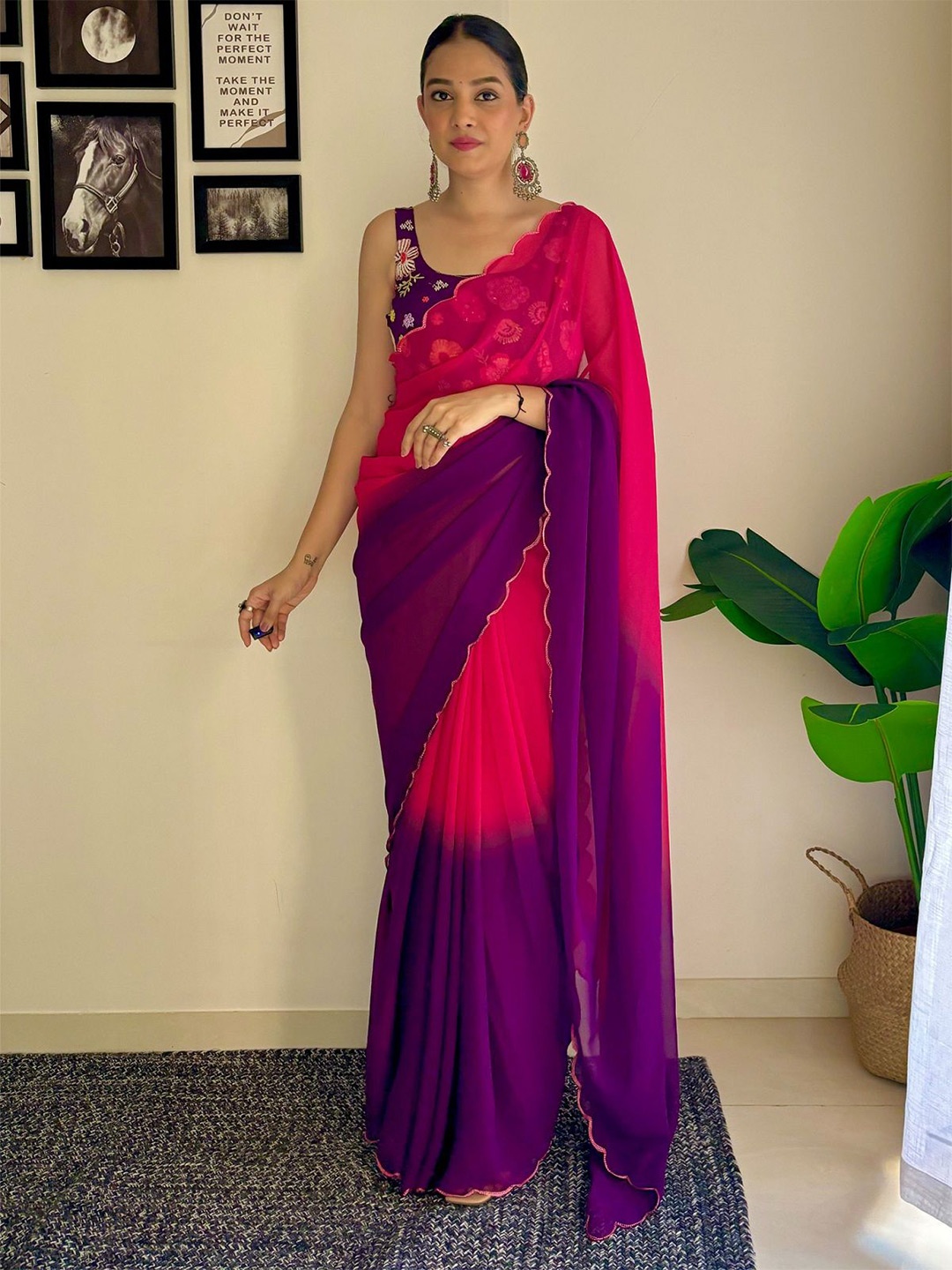 LADY SHOPI Ombre Embroidered Pure Georgette Half and Half Saree, Pink