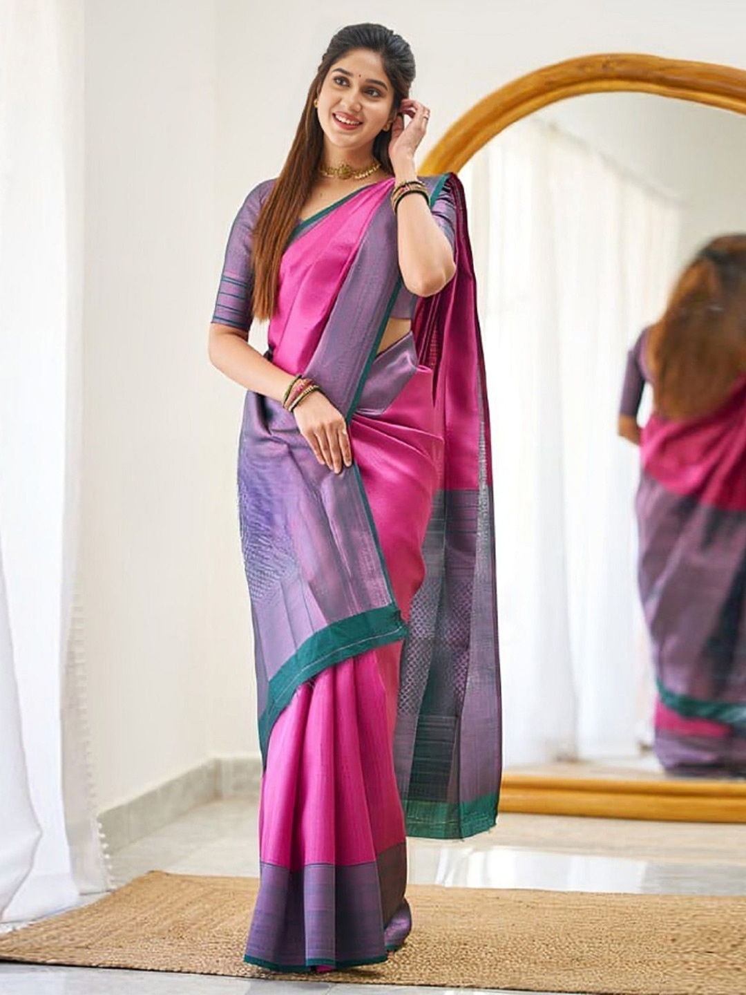 

LADY SHOPI Woven Design Zari Pure Silk Banarasi Saree, Pink