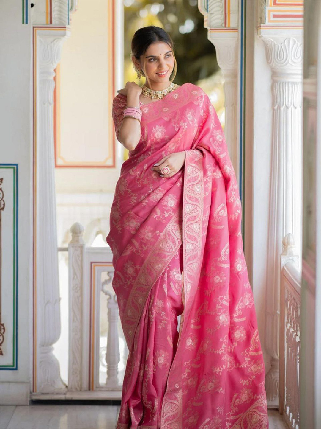 

LADY SHOPI Ethnic Motifs Zari Pure Silk Saree, Pink