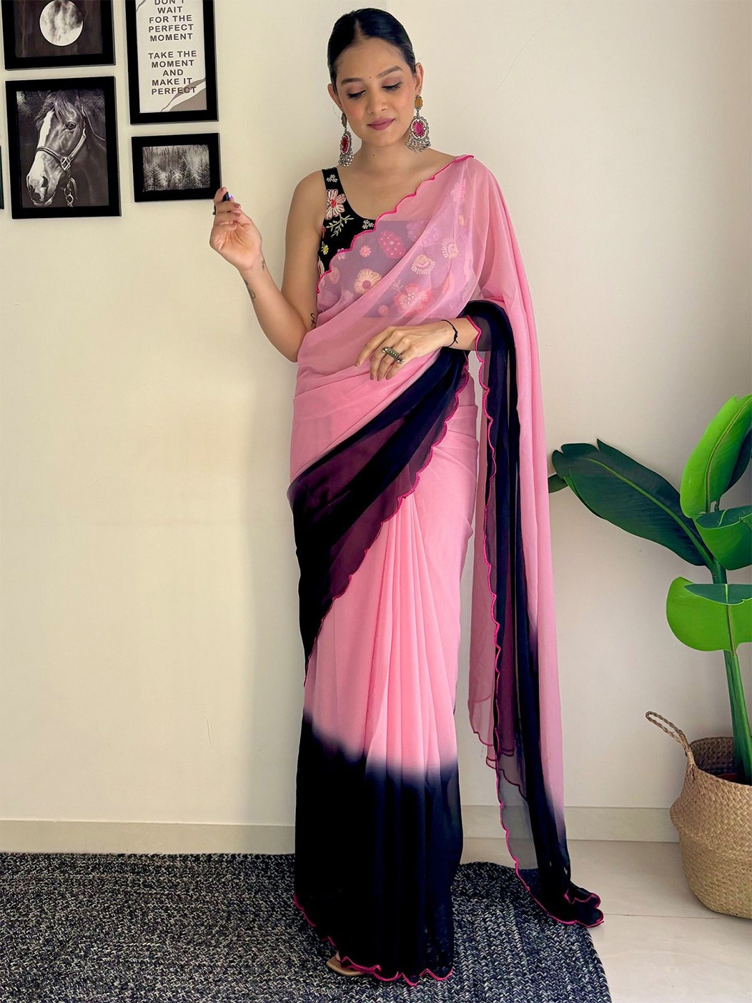 

LADY SHOPI Ombre Embroidered Pure Georgette Saree, Peach