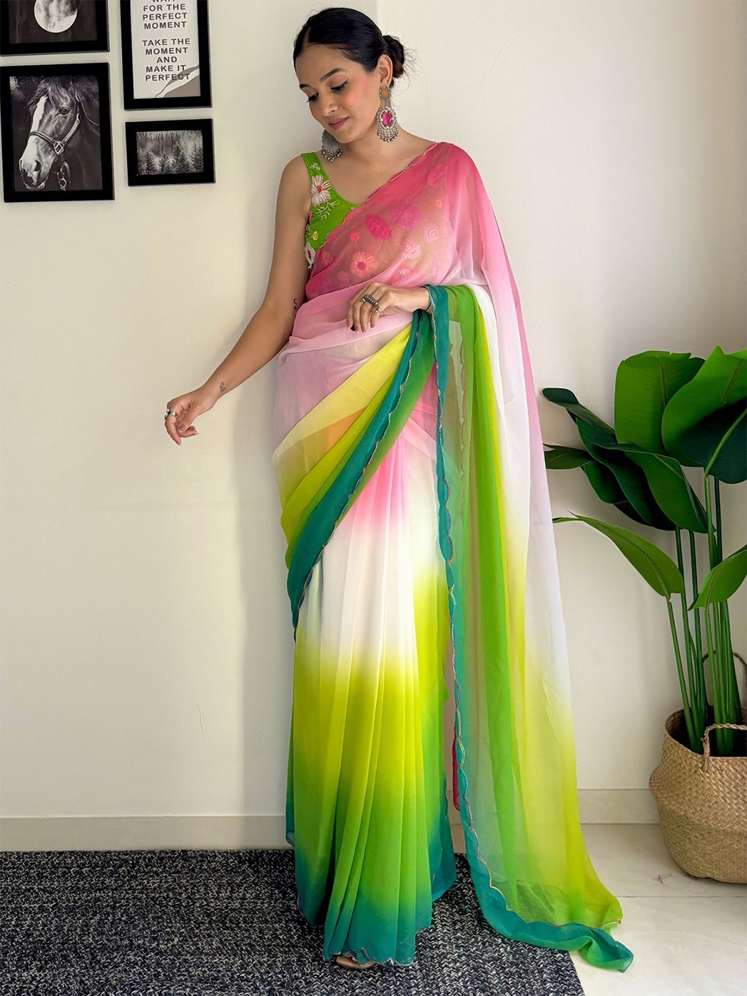 

LADY SHOPI Ombre Pure Georgette Holi Half and Half Saree, Green
