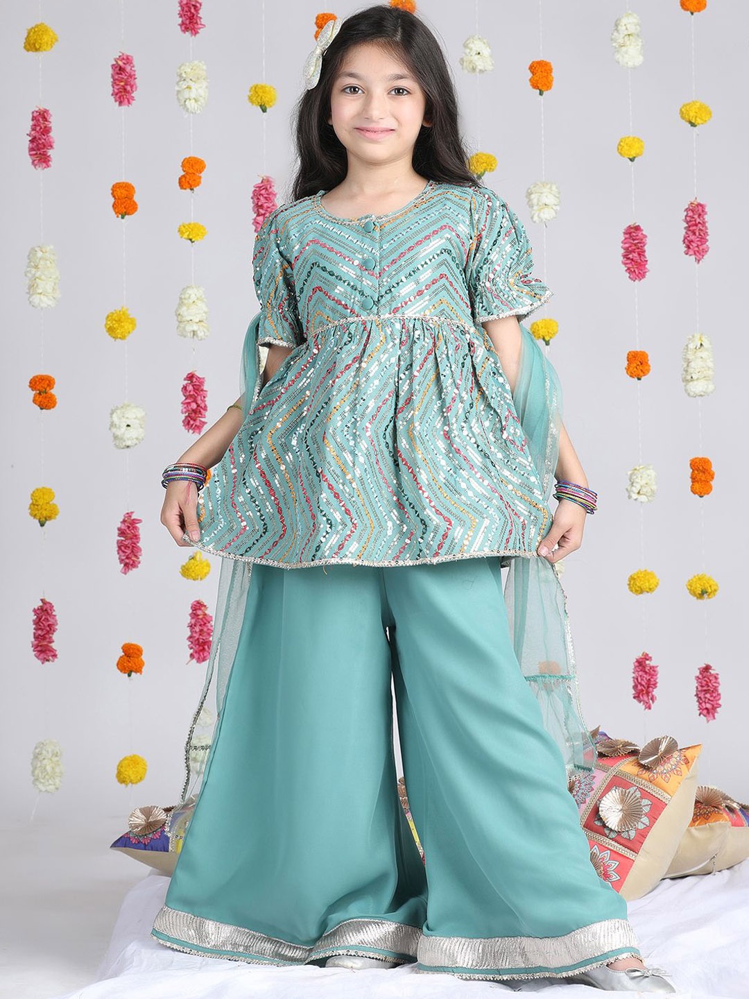

Cutiekins Girls Embroidered Mirror Work A-Line Kurta With Palazzos & Dupatta, Sea green
