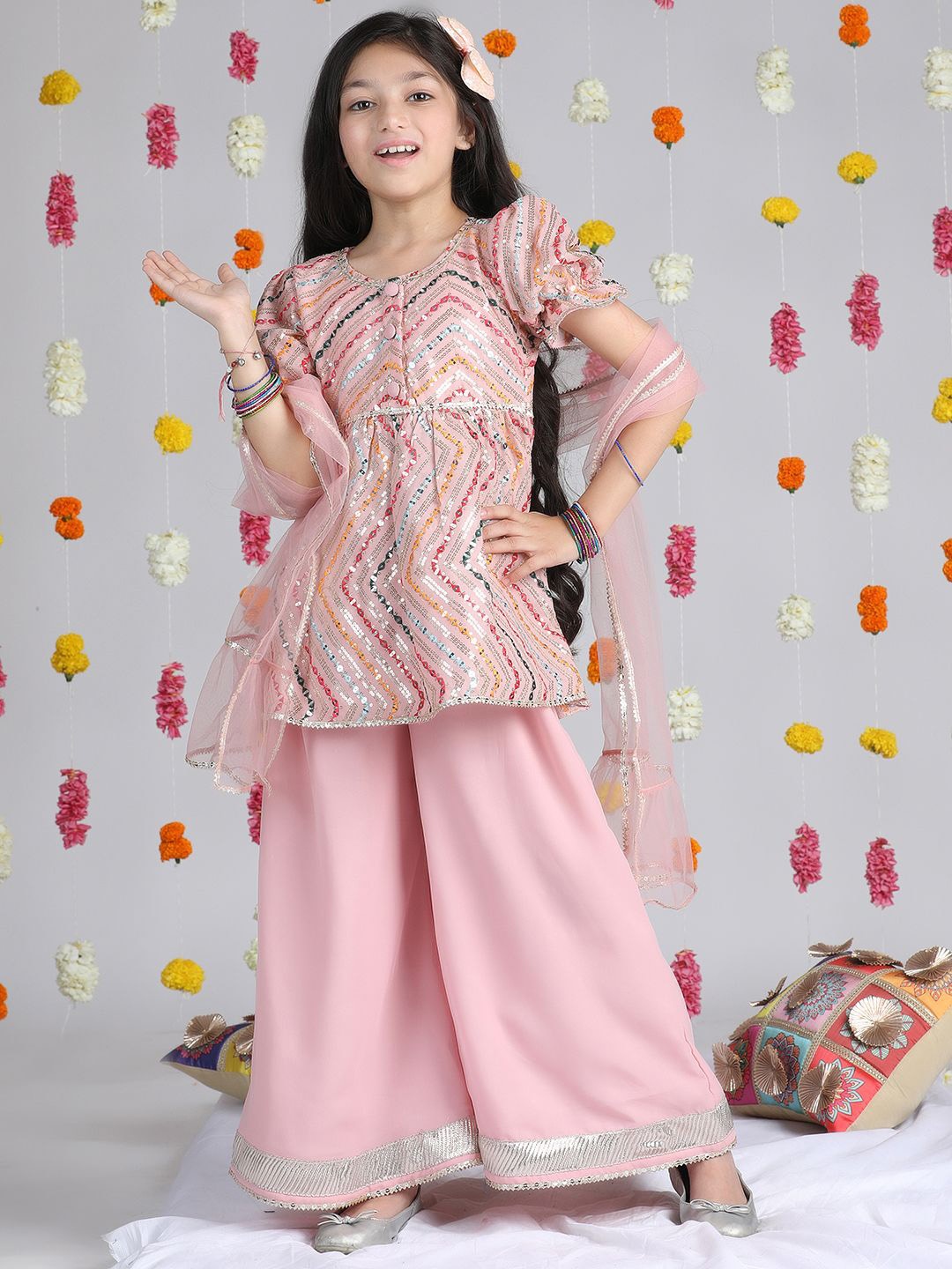 

Cutiekins Girls Embroidered Puffed Sleeves A-Line Kurta With Palazzos & Dupatta, Peach