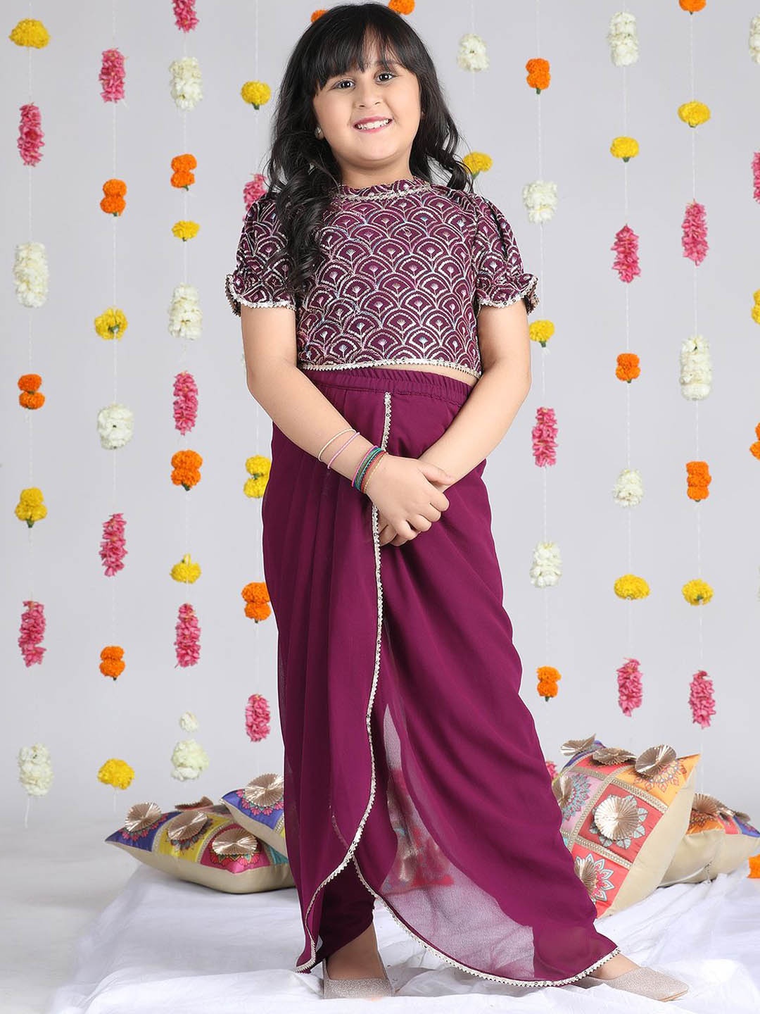 

Cutiekins Girls Ethnic Motifs Embroidered Gotta Patti Georgette Top With Dhoti Pants, Burgundy