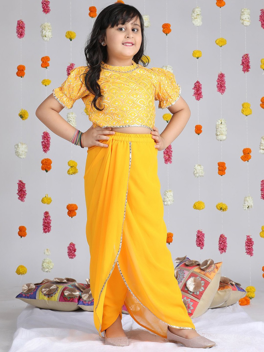 

Cutiekins Girls Ethnic Motifs Embroidered Gotta Patti Georgette Top With Dhoti Pants, Yellow