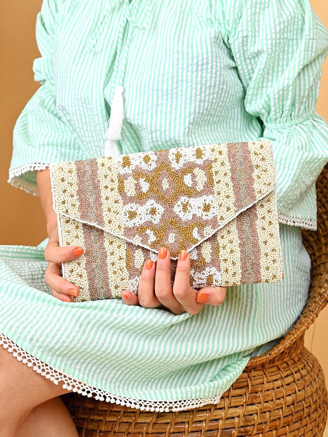 

BohoGirl Embellished Envelope Clutch, Beige