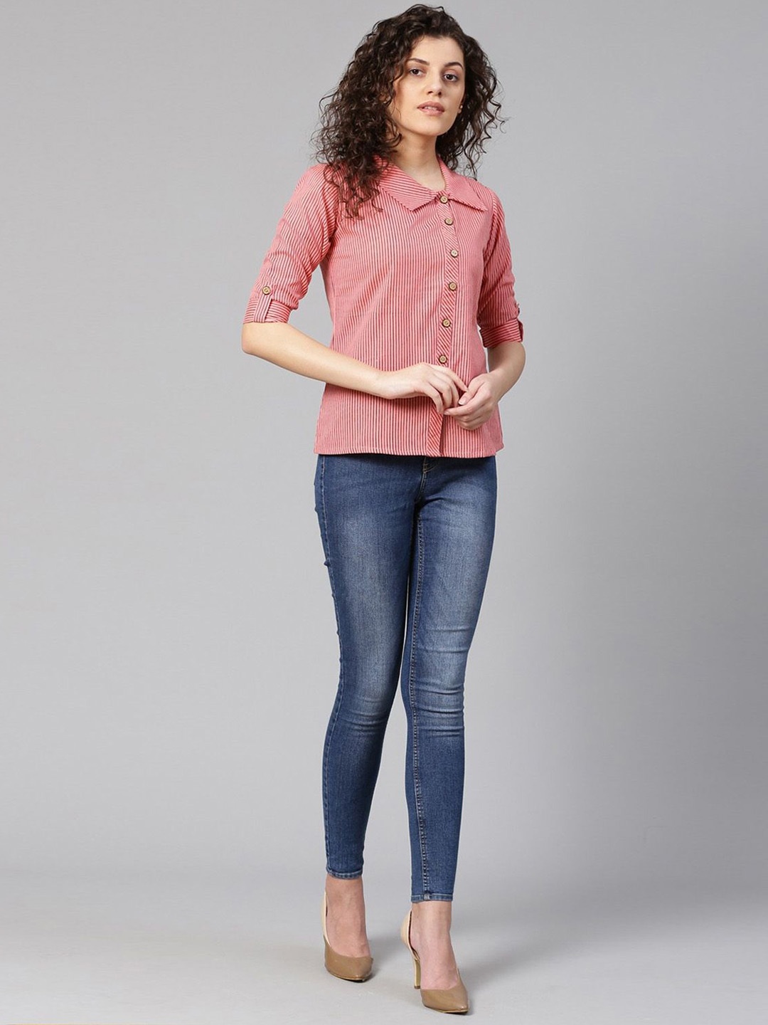 

KALINI Striped Roll-Up Sleeves Cotton Shirt Style Top, Peach