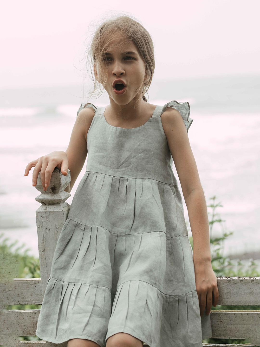

CHI LINEN CLOTHING Girls Linen Flutter Sleeves A-Line Dress, Grey