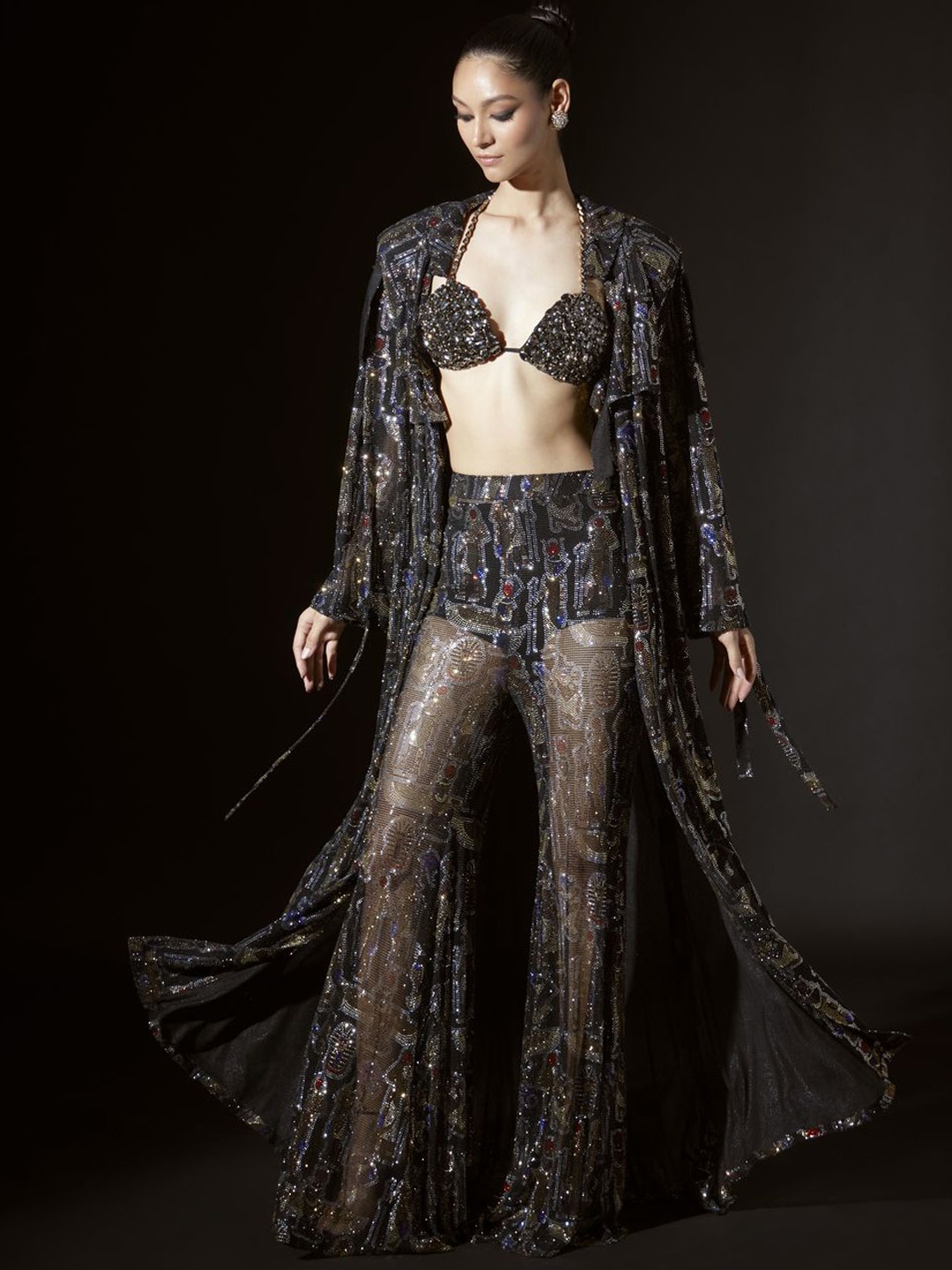 

ITRH Embellished Top, Coat With Trousers Co-Ords, Black