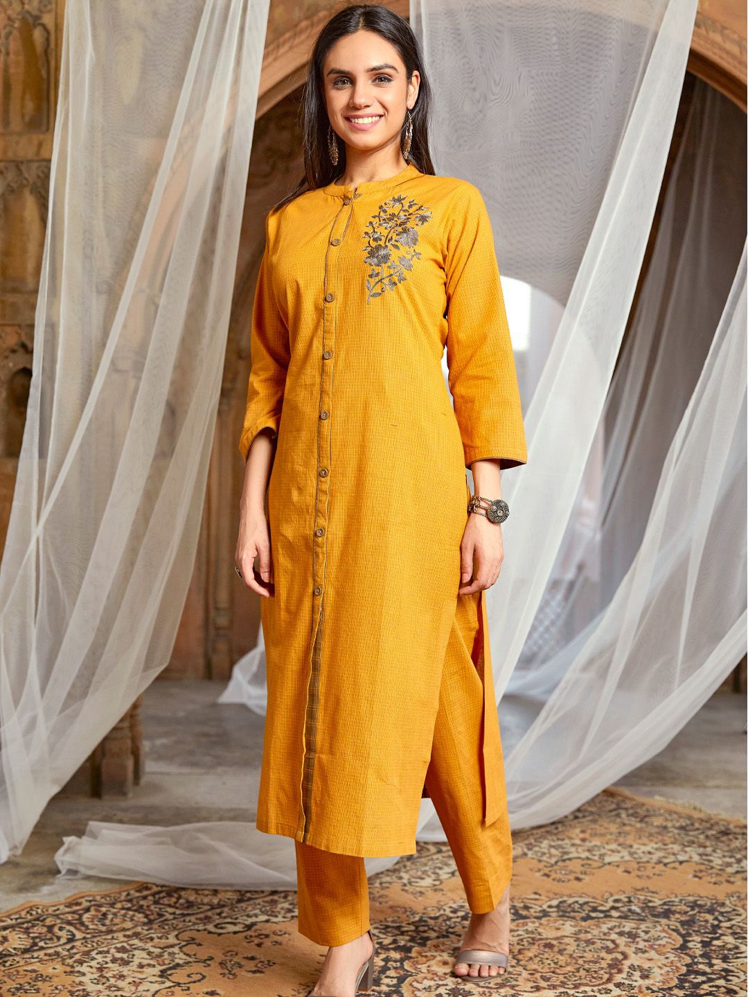 

WOMEN PLUS Checked Embroidered Thread Work Mandarin Collar Pure Cotton Straight Kurta, Mustard