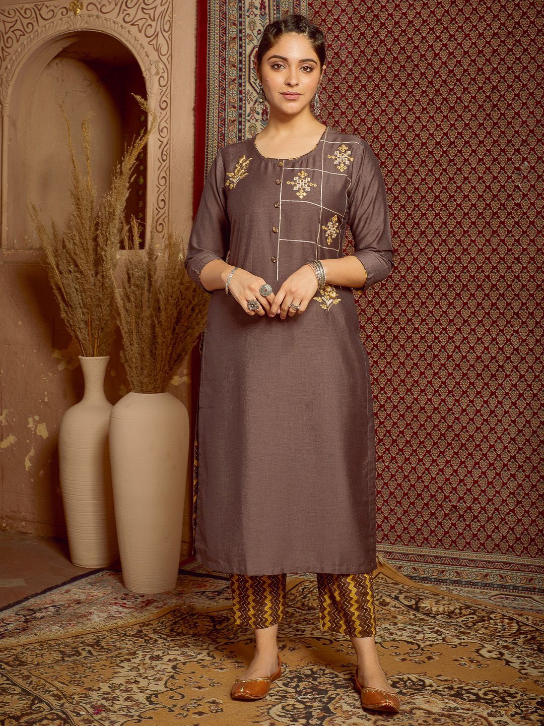 

WOMEN PLUS Floral Yoke Design Embroidered Thread Work Straight Kurta, Brown