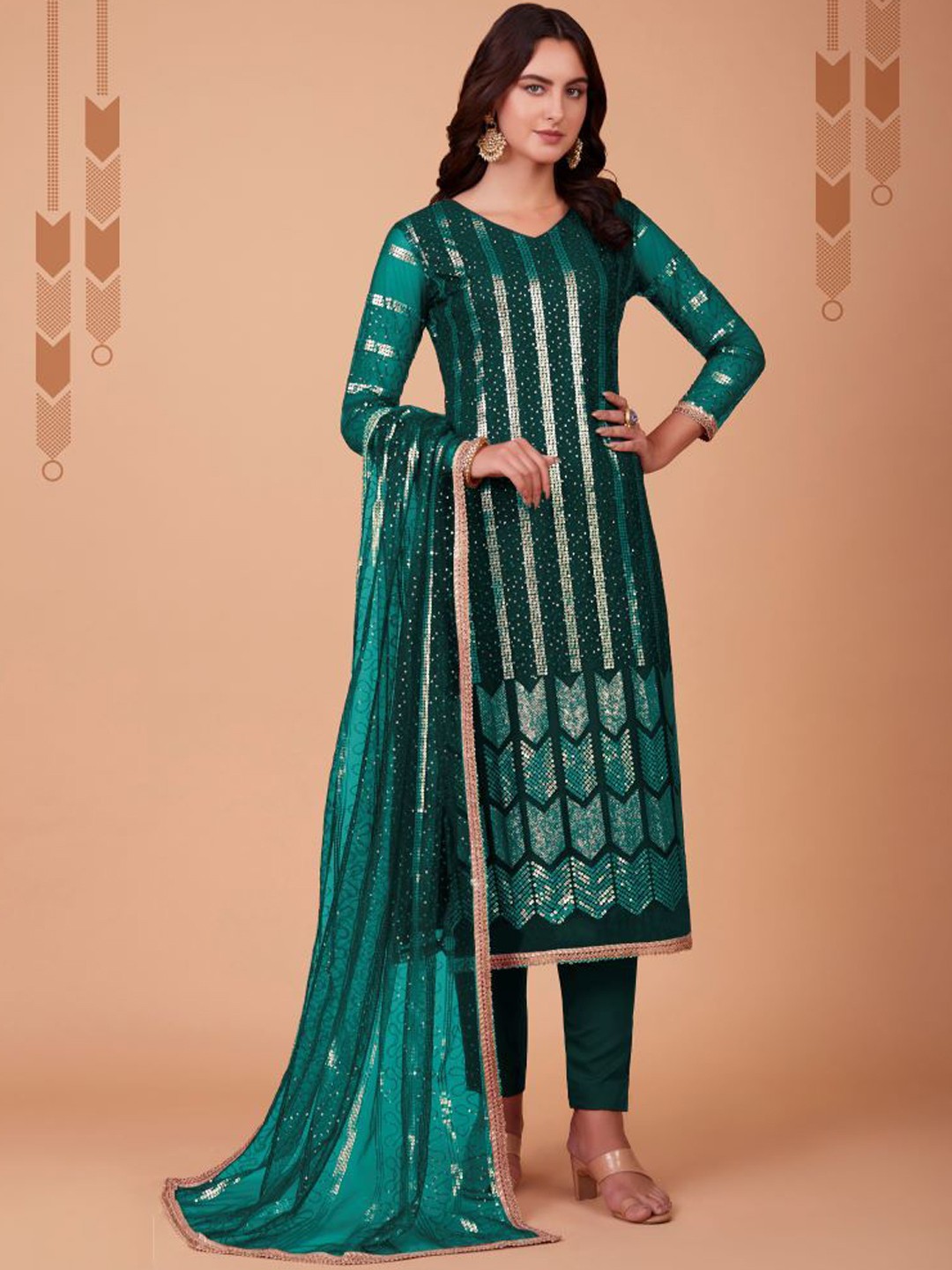 

KALINI Embroidered Kurta With Trouser & Dupatta, Green