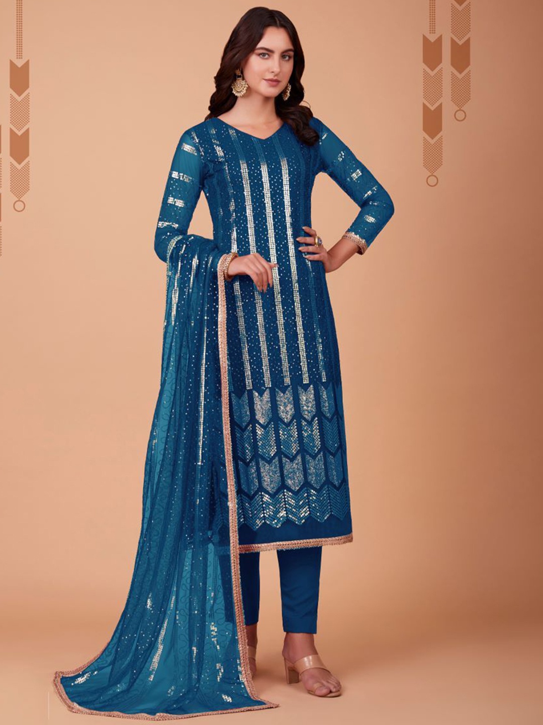 

KALINI v-neck Sequinned Striped Kurta Set, Blue