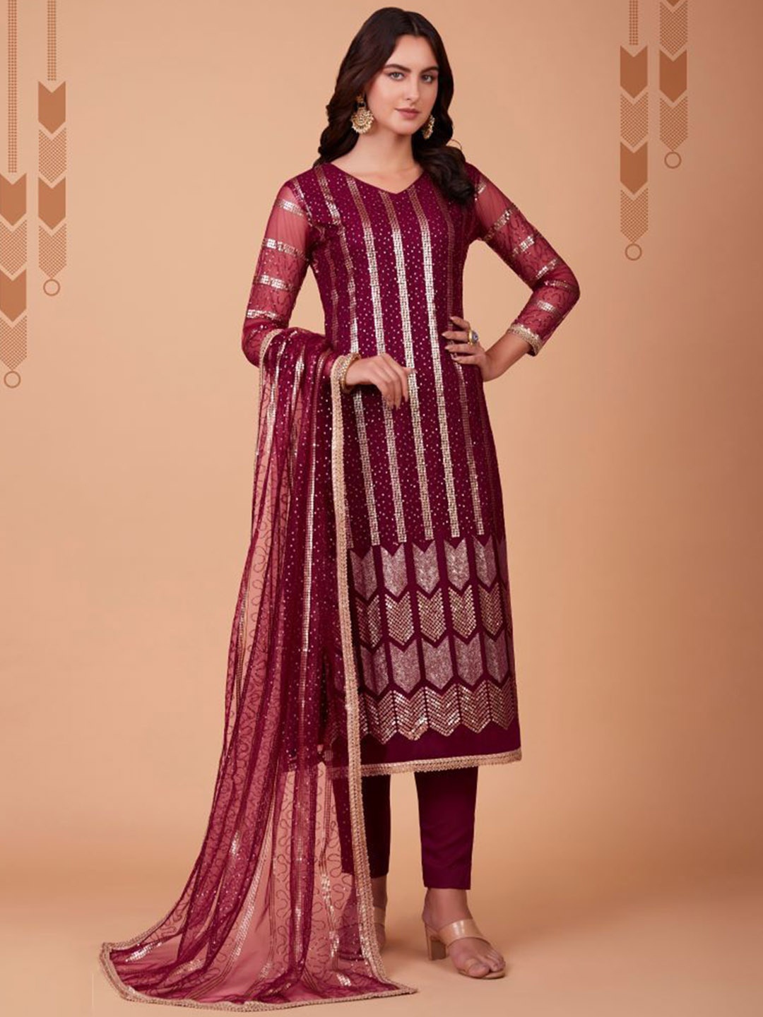 

KALINI Embroidered Kurta With Trouser & Dupatta, Maroon