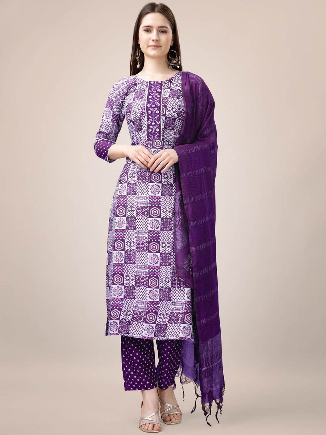 

devkison Designer Ethnic Motifs Printed Thread Work Straight Kurta With Trousers & Dupatta, Purple