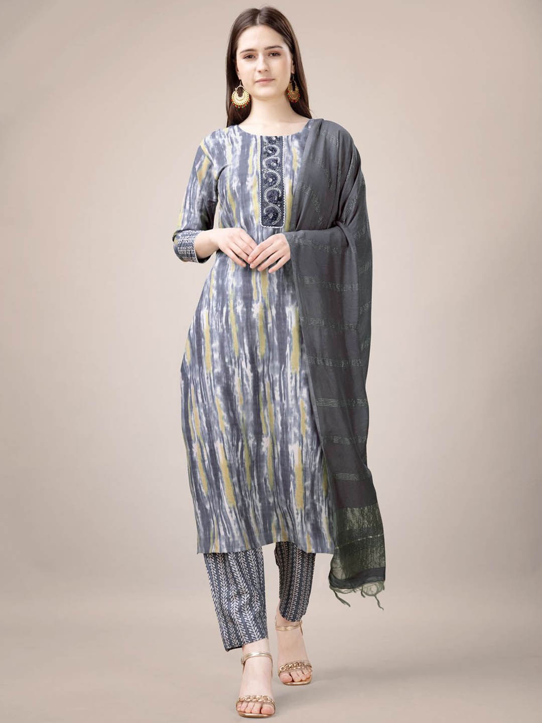 

devkison Designer Abstract Printed Thread Work Straight Kurta With Trousers & Dupatta, Grey
