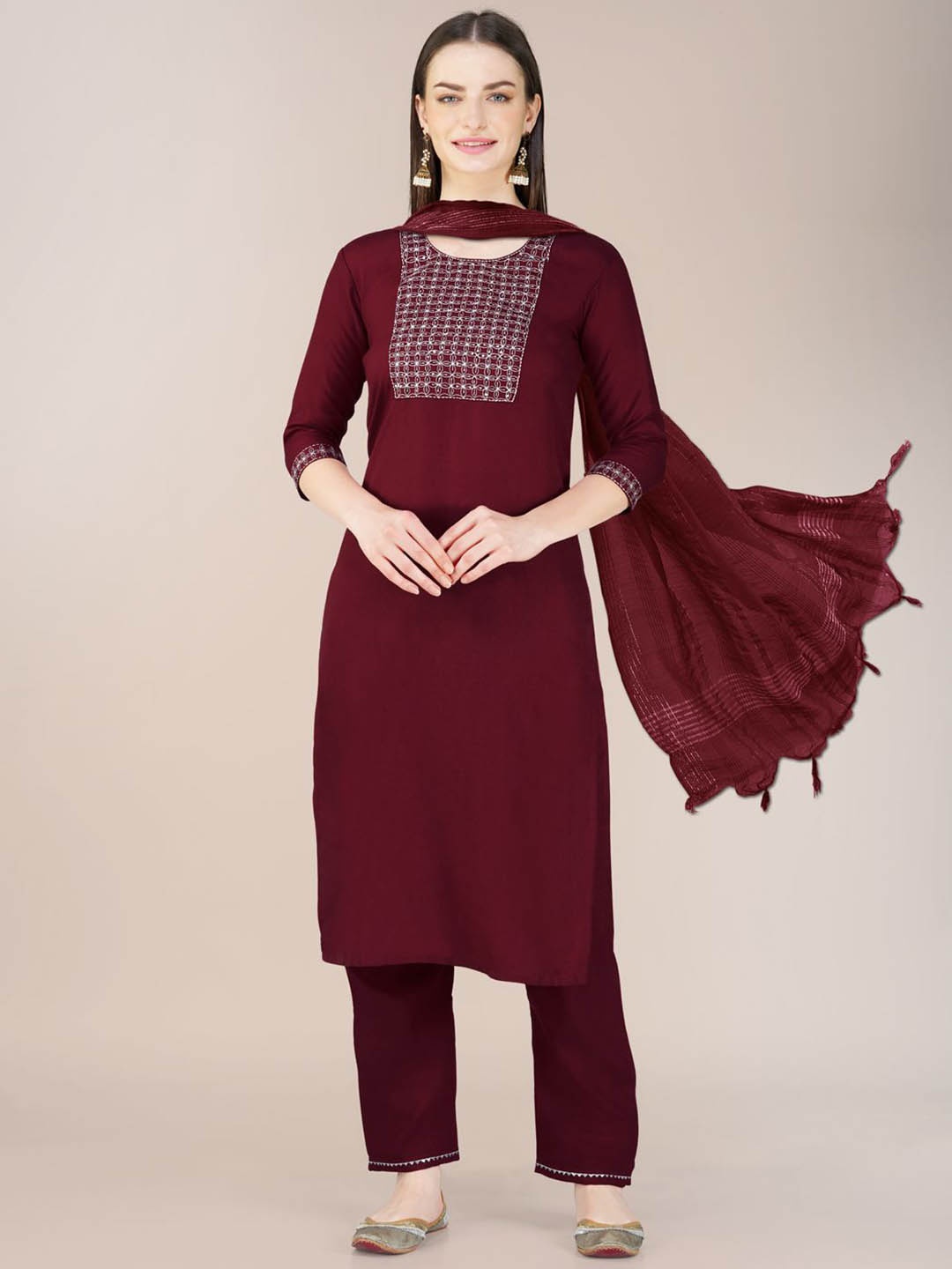 

devkison Designer Floral Yoke Design Thread Work Straight Kurta With Trousers & Dupatta, Maroon