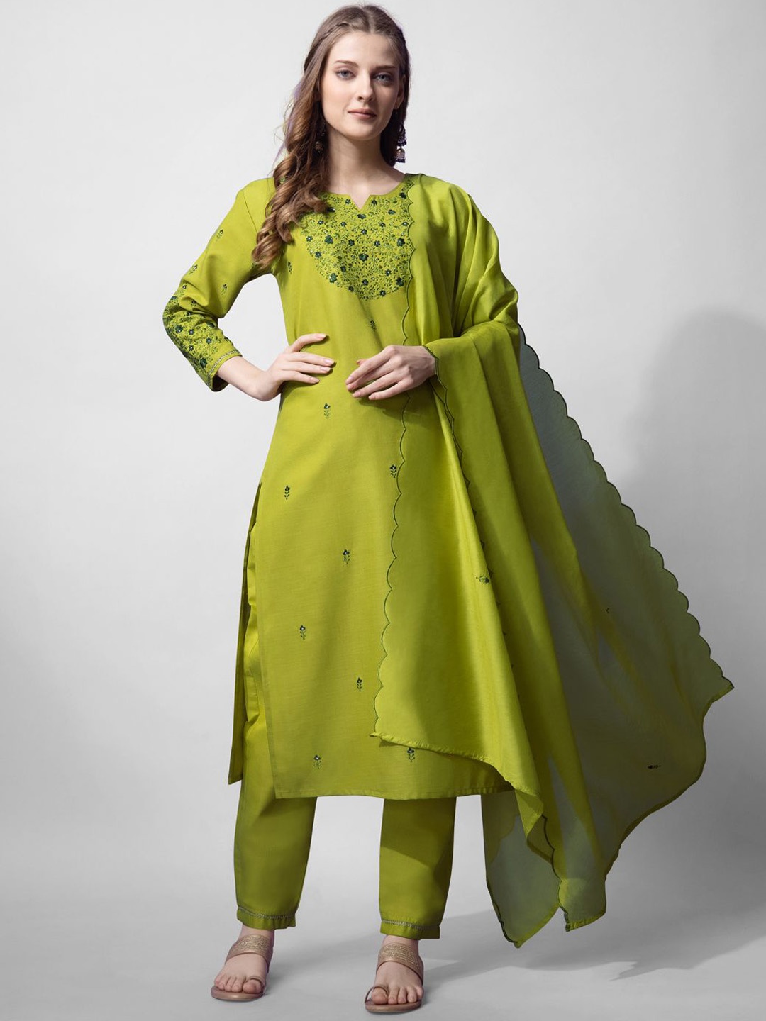 

devkison Designer Floral Embroidered Thread Work Straight Kurta With Trousers & Dupatta, Green