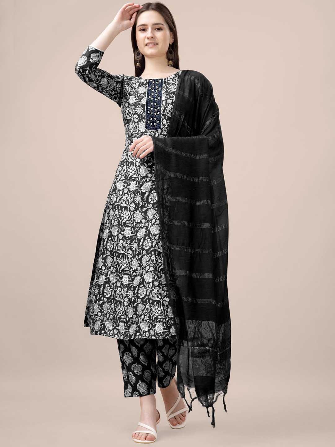 

devkison Designer Floral Embroidered Regular Kurta with Trouser & Dupatta, Black