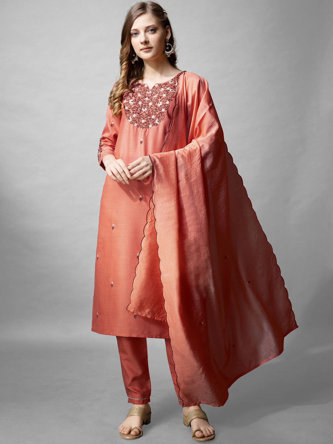 

devkison Designer Floral Embroidered Regular Thread Work Kurta with Trousers & Dupatta, Orange