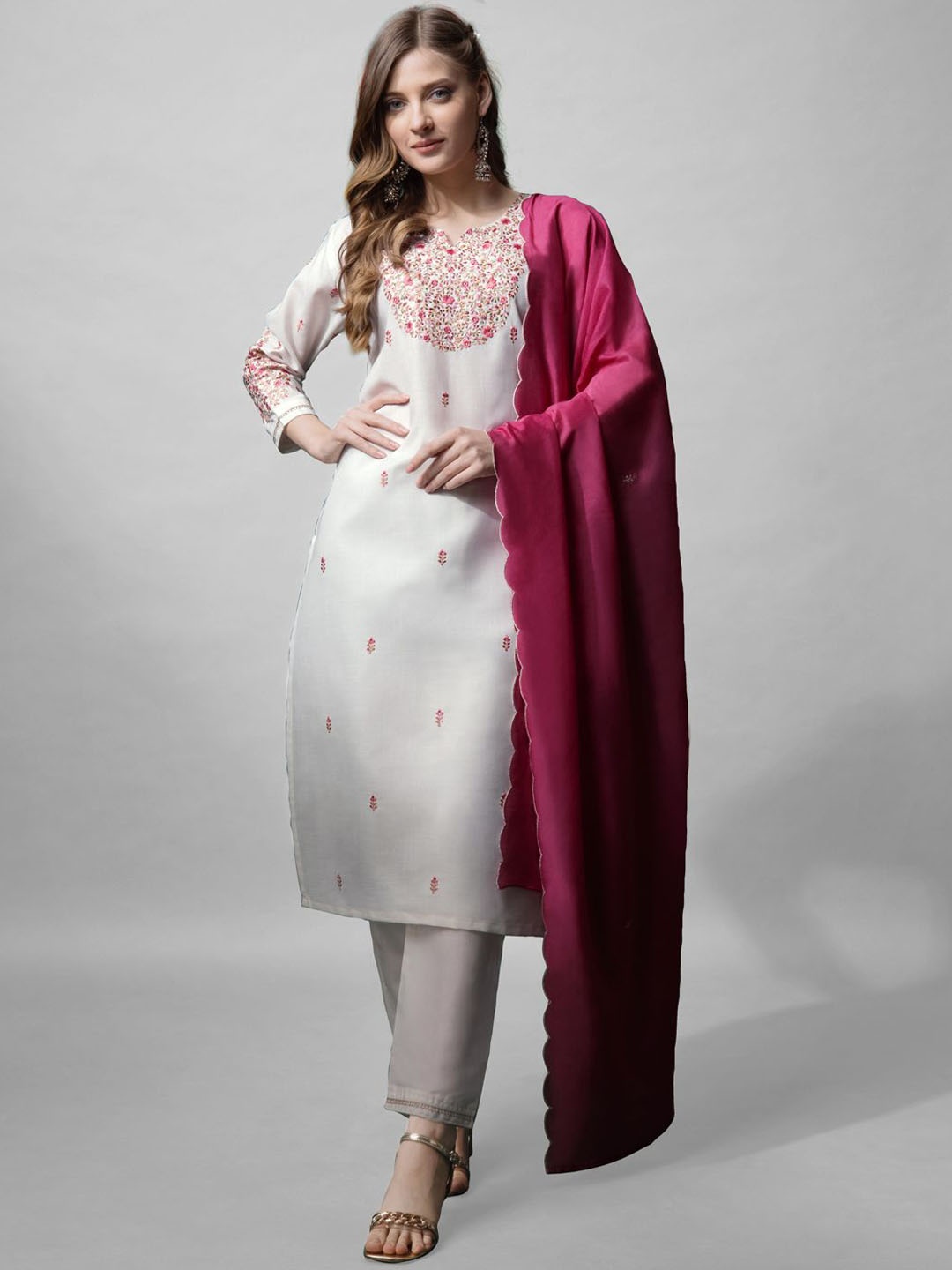 

devkison Designer Floral Embroidered Thread Work Straight Kurta With Trousers & Dupatta, White