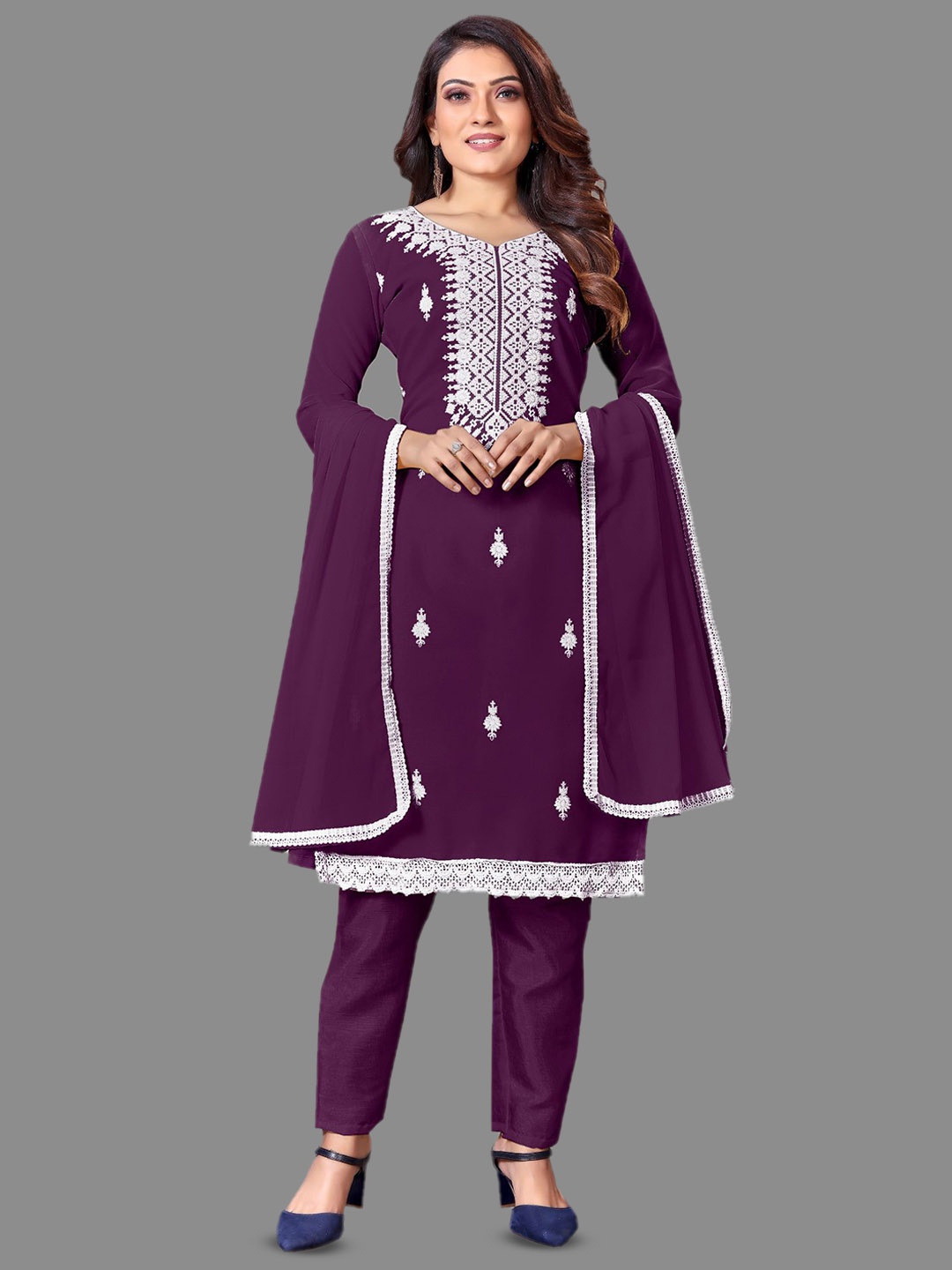 

LADY SHOPI Floral Embroidered Thread Work Unstitched Dress Material, Purple