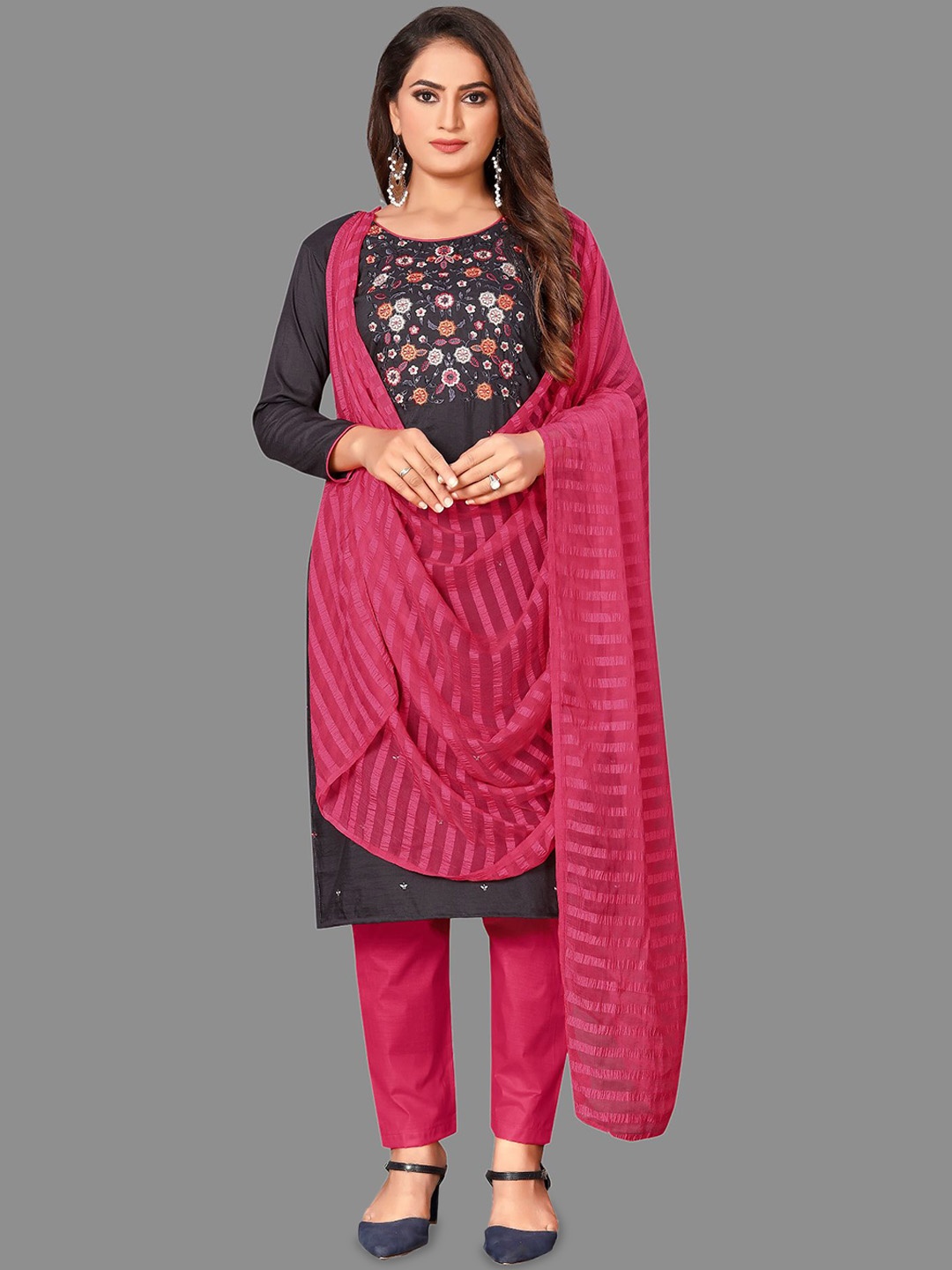 LADY SHOPI Floral Embroidered Thread Work Unstitched Dress Material, Black
