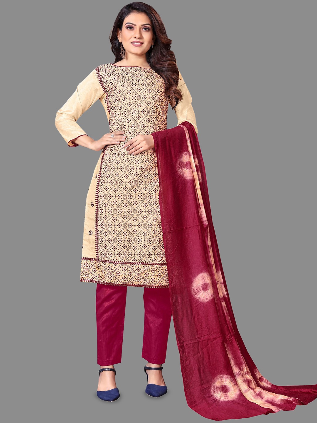 LADY SHOPI Floral Embroidered Thread Work Unstitched Dress Material, Cream