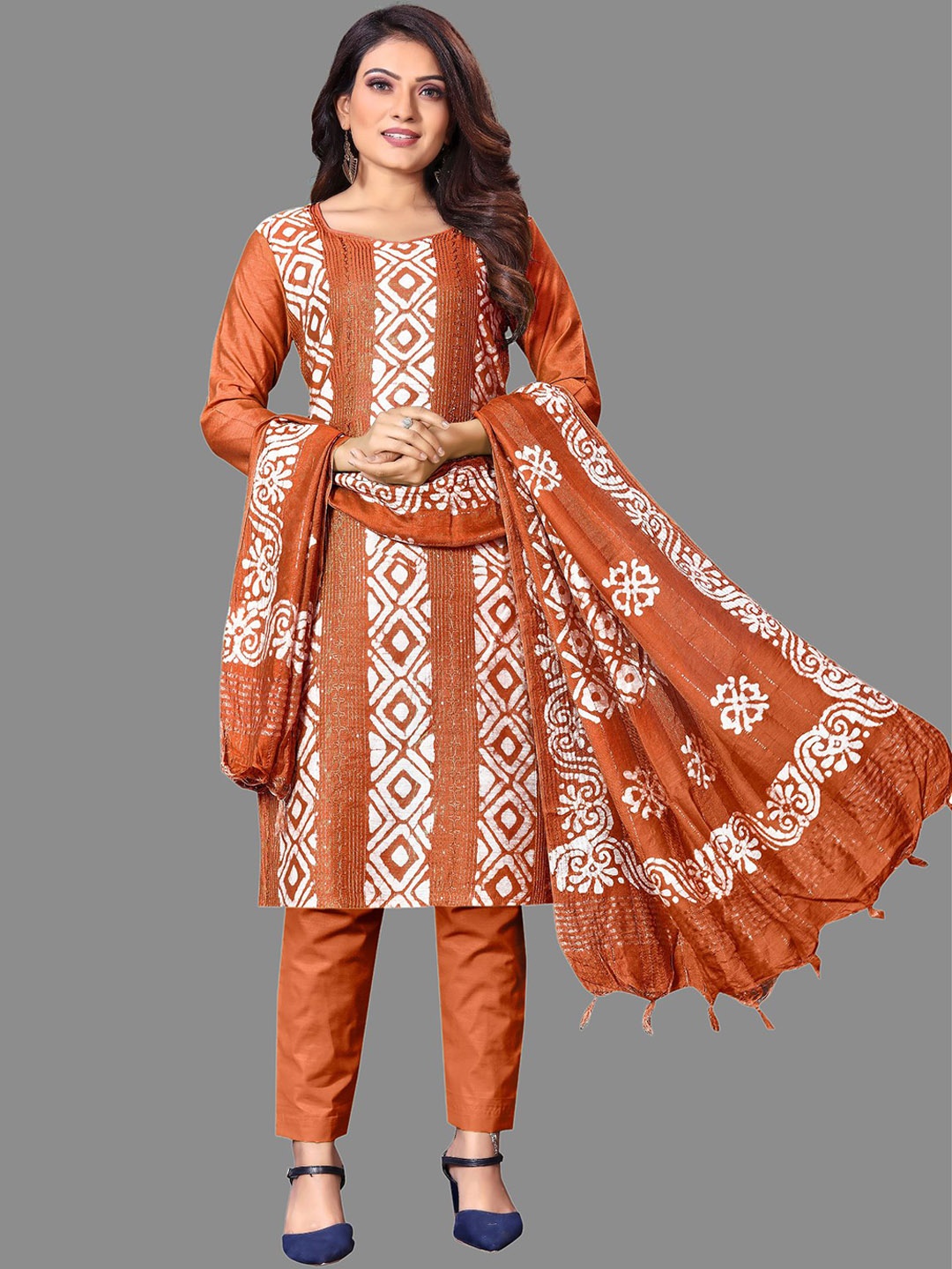 

LADY SHOPI Geometric Printed Unstitched Dress Material, Orange