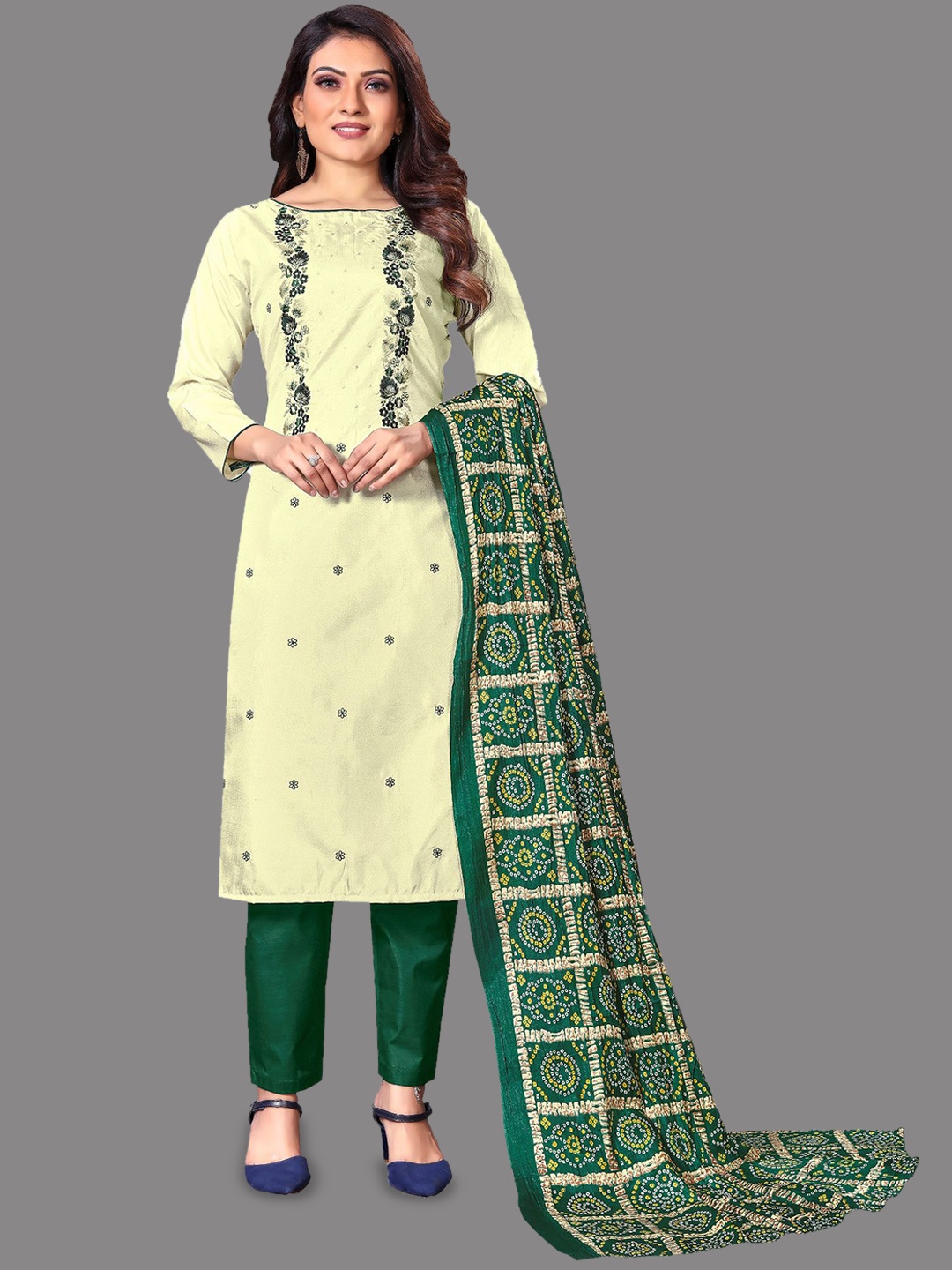

LADY SHOPI Floral Embroidered Thread Work Unstitched Dress Material, Cream