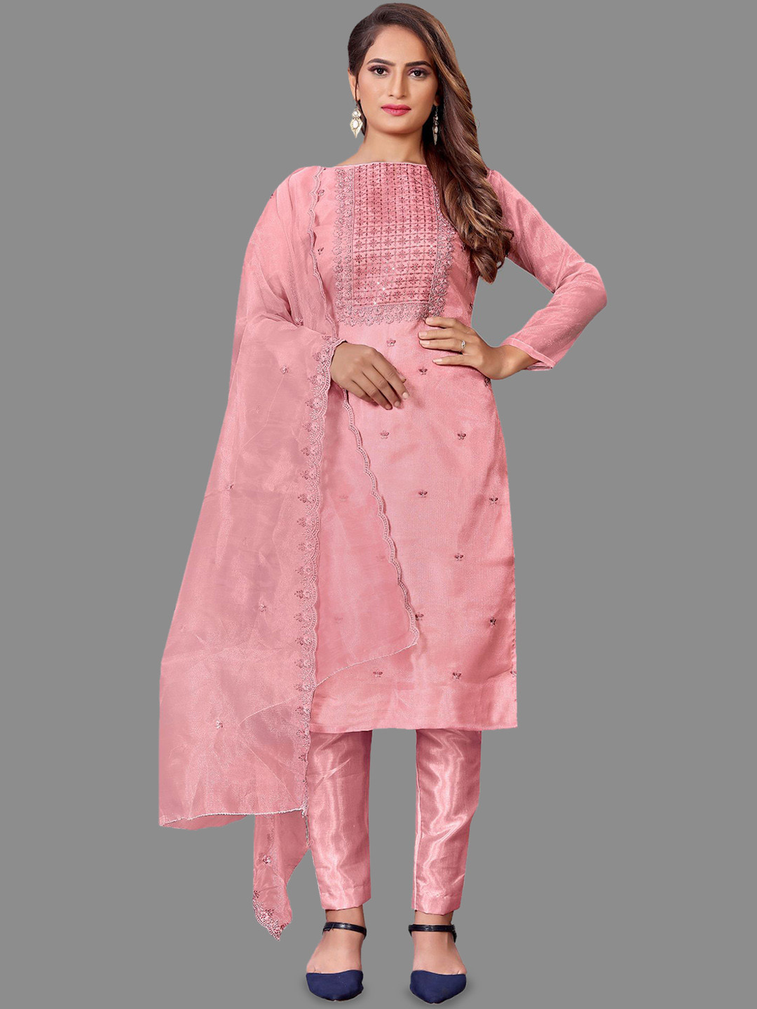 

LADY SHOPI Floral Embroidered Sequinned & Thread Work Unstitched Dress Material, Peach
