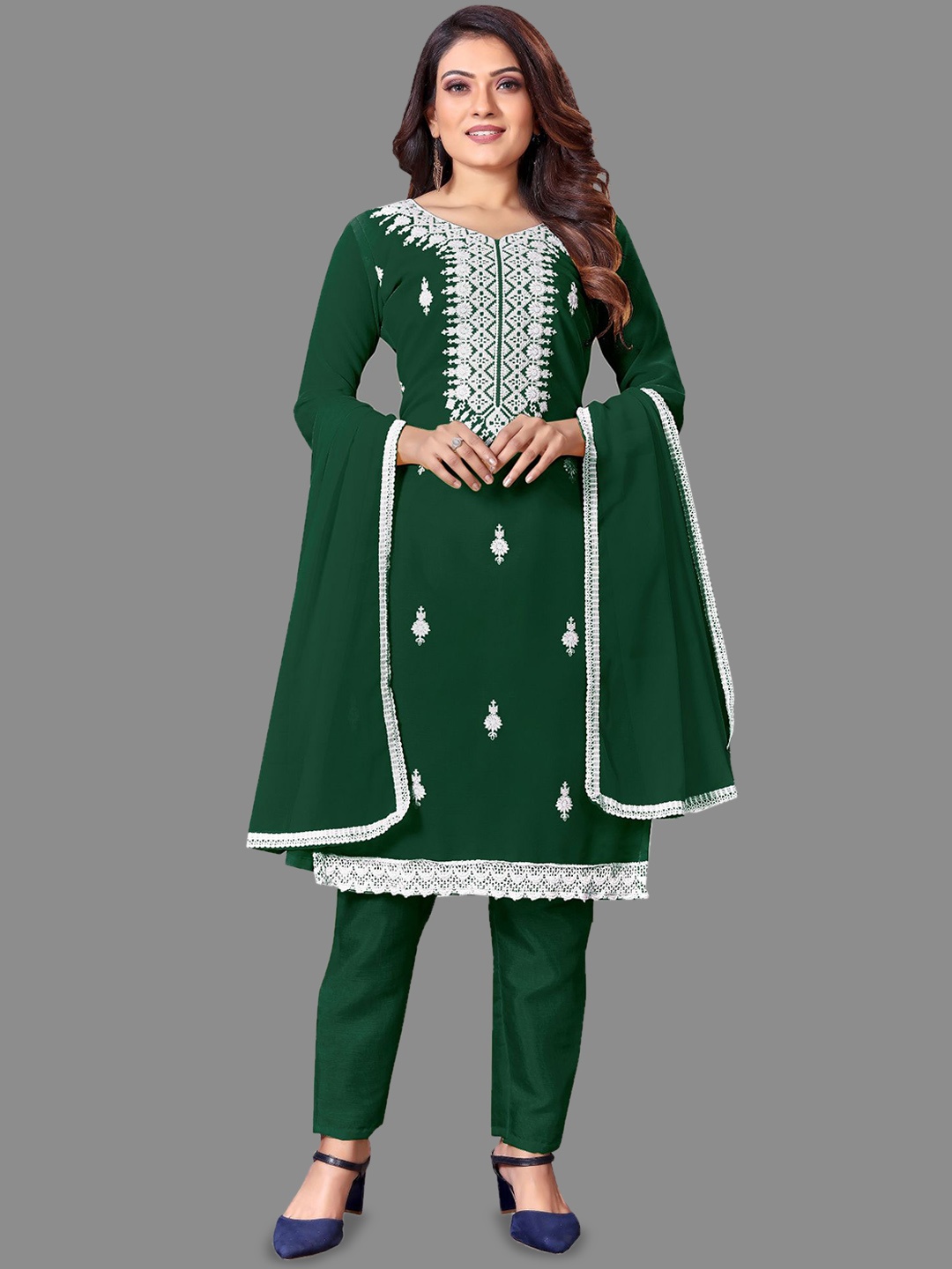 LADY SHOPI Floral Embroidered Thread Work Unstitched Dress Material, Green