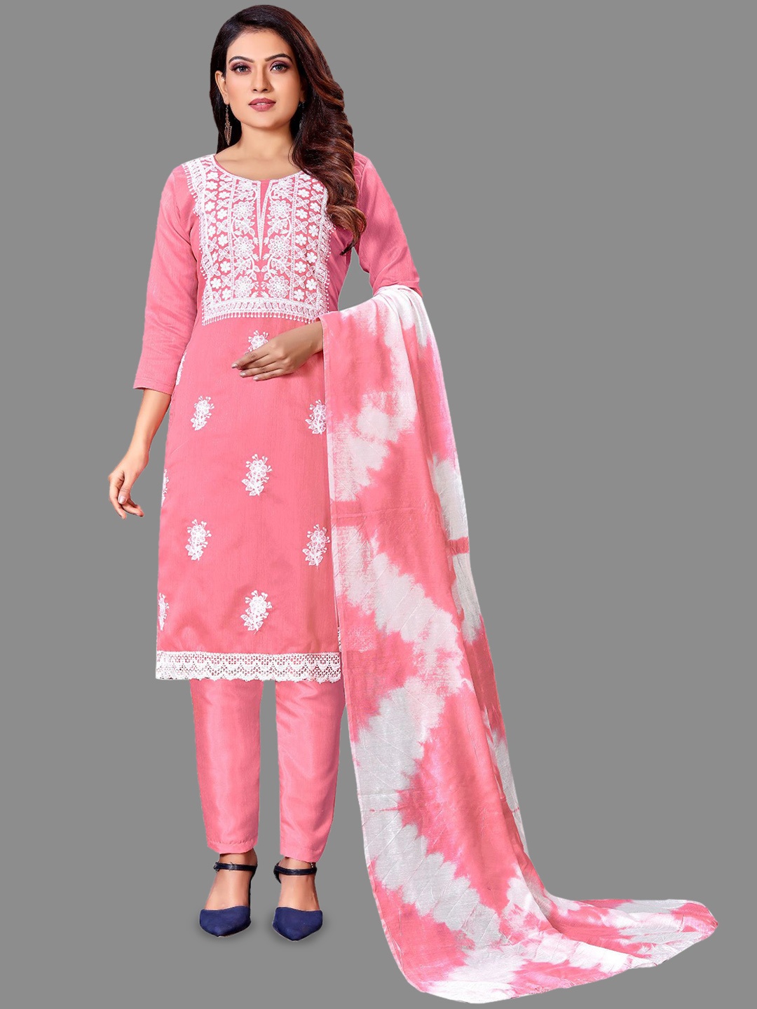 

LADY SHOPI Floral Embroidered Thread Work Unstitched Dress Material, Pink