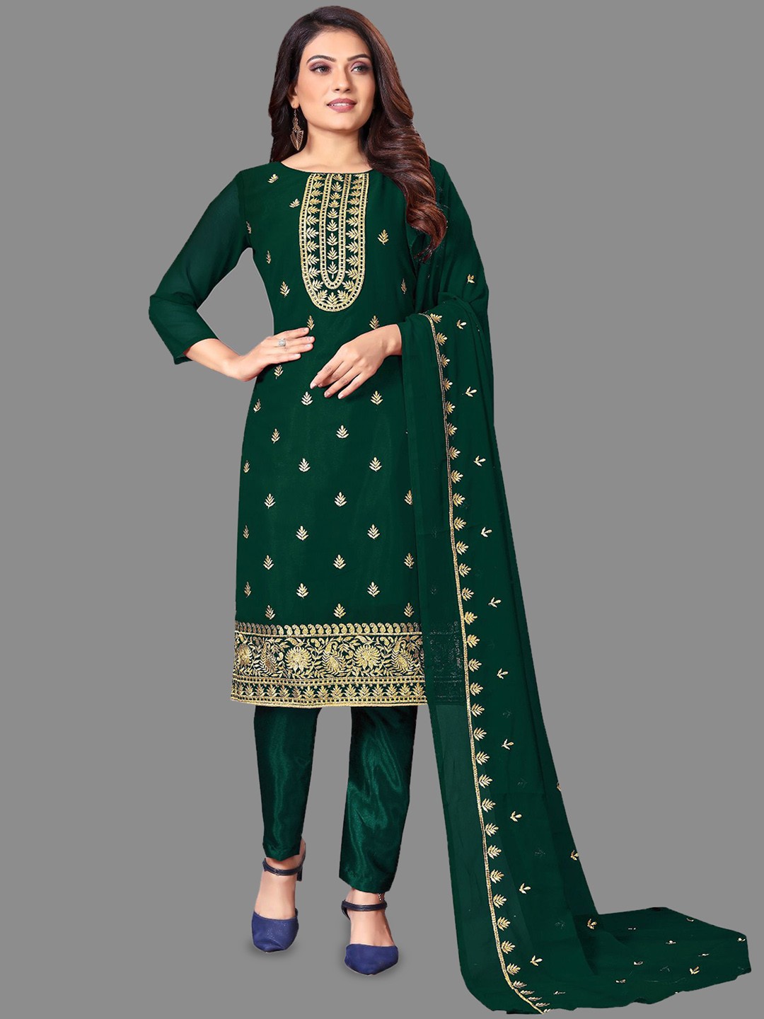 

LADY SHOPI Floral Embroidered Zari Work Unstitched Dress Material, Green