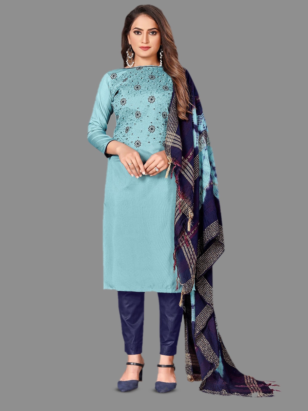 

LADY SHOPI Floral Embroidered Thread Work Unstitched Dress Material, Turquoise blue