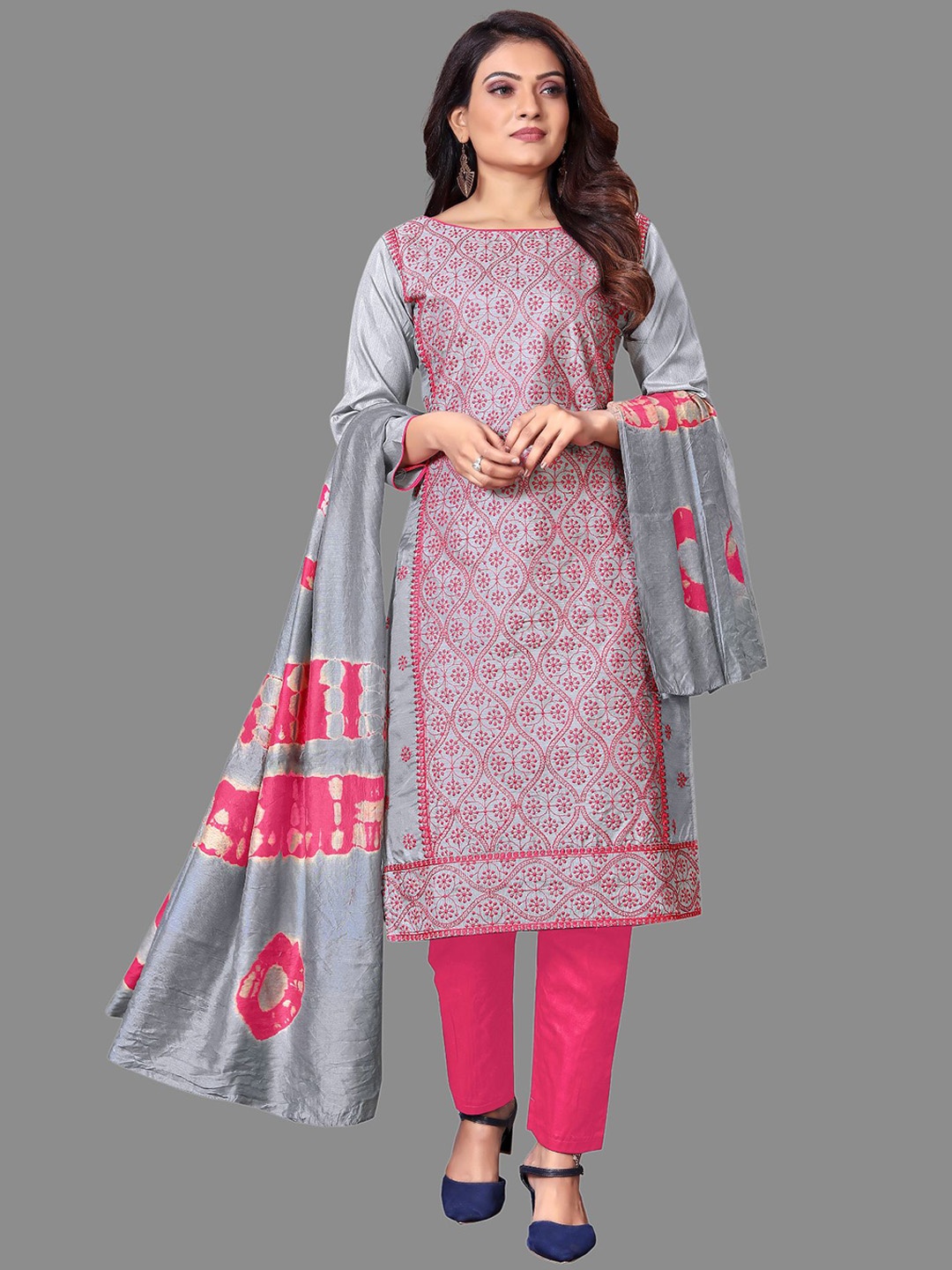 LADY SHOPI Floral Embroidered Thread Work Unstitched Dress Material, Grey