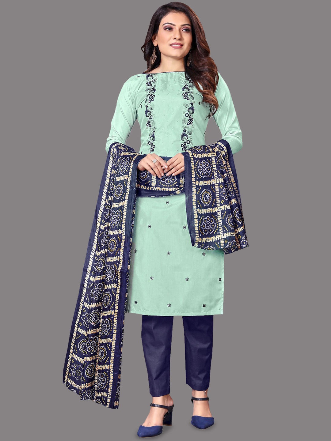 LADY SHOPI Floral Embroidered Thread Work Unstitched Dress Material, Sea green